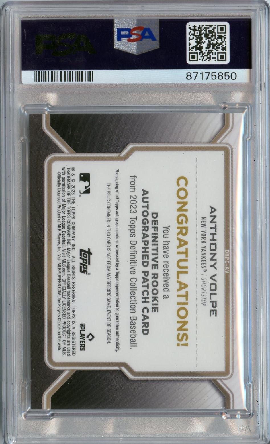 2023 Topps Definitive Rookie Patch #DRPC-AV Anthony Volpe RC PSA 10 AUTO 10