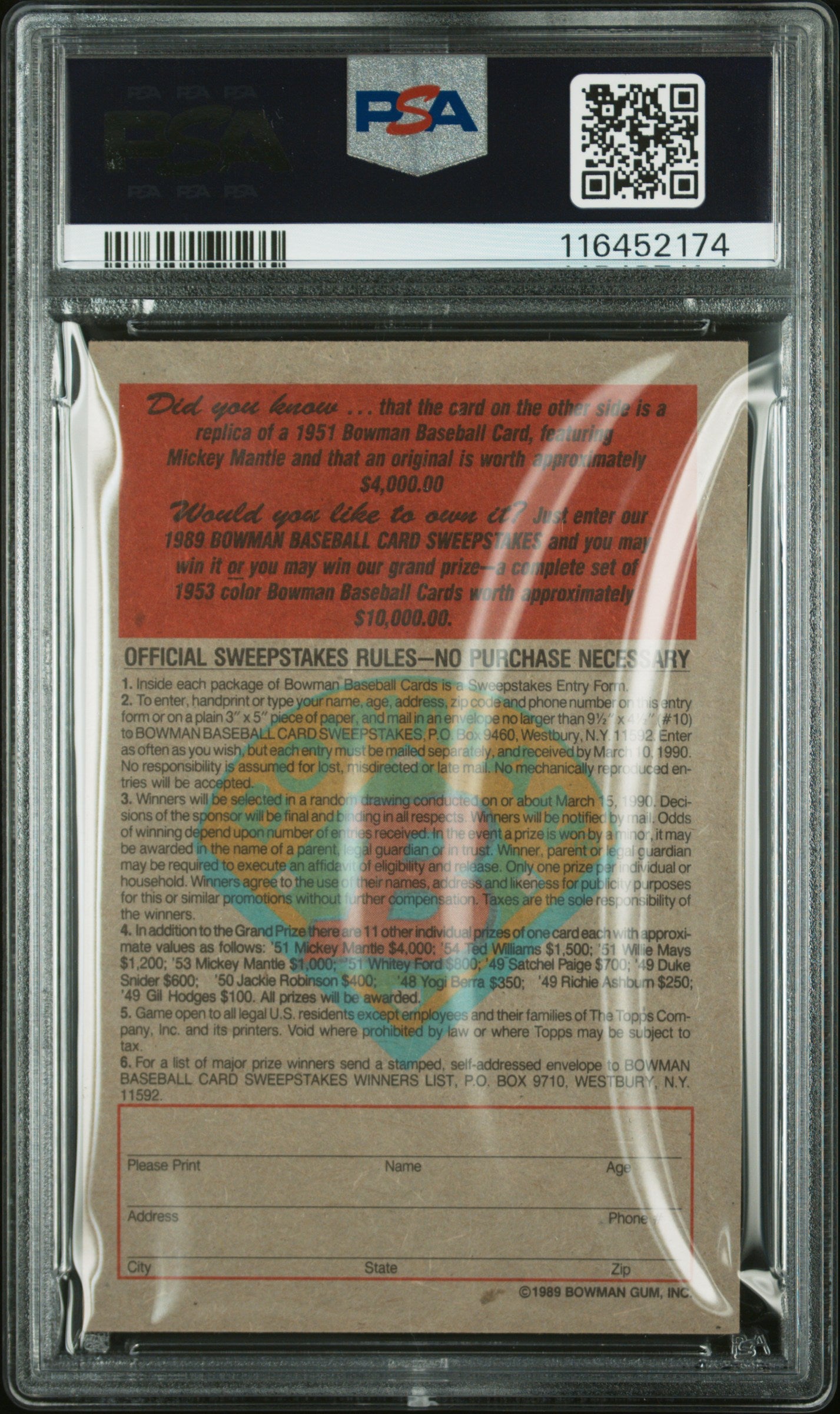 1989 Bowman Inserts Mickey Mantle 1951 Reprint PSA 7