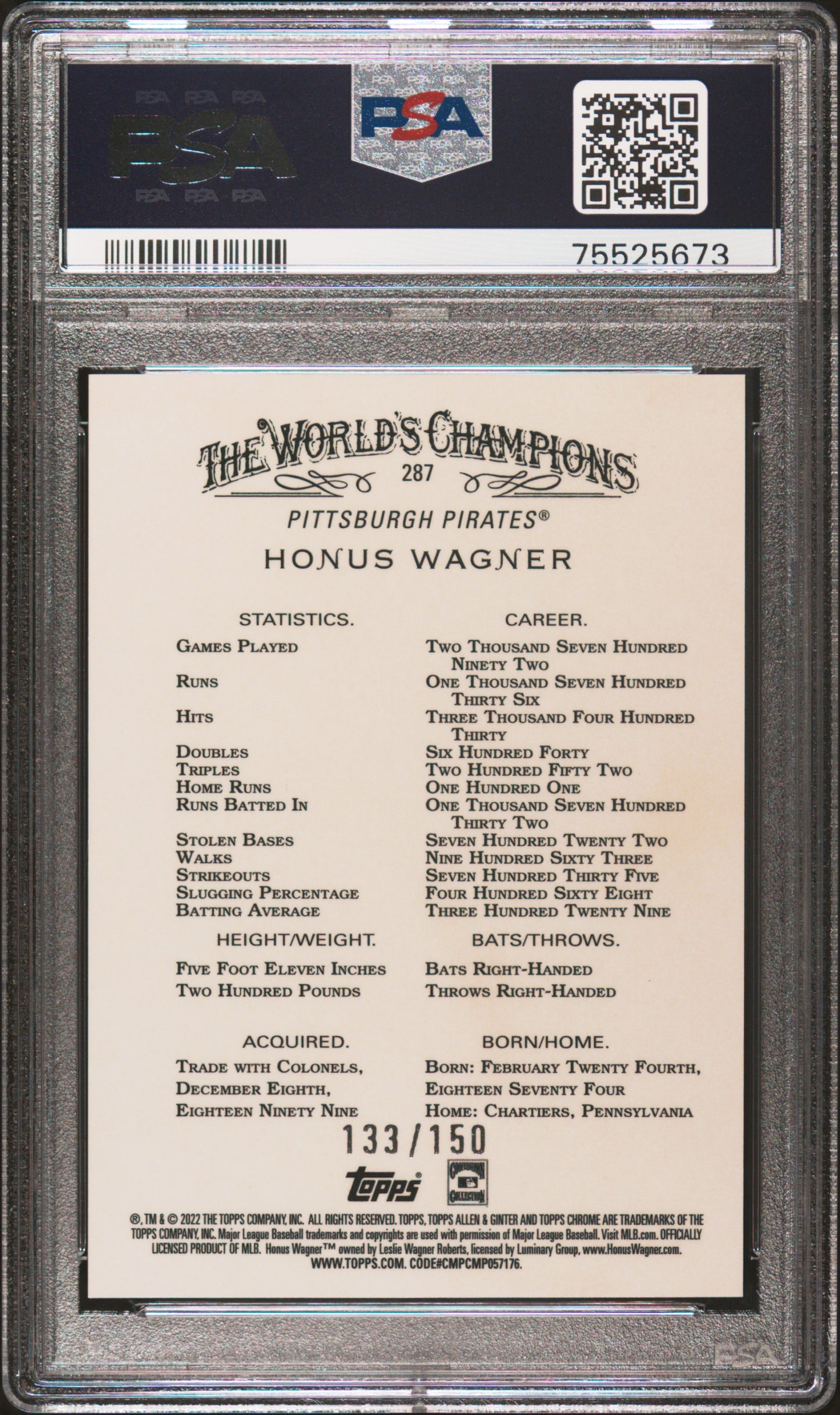 2022 Topps Allen & Ginter Chrome #287 Honus Wagner Blue Refractor PSA 10