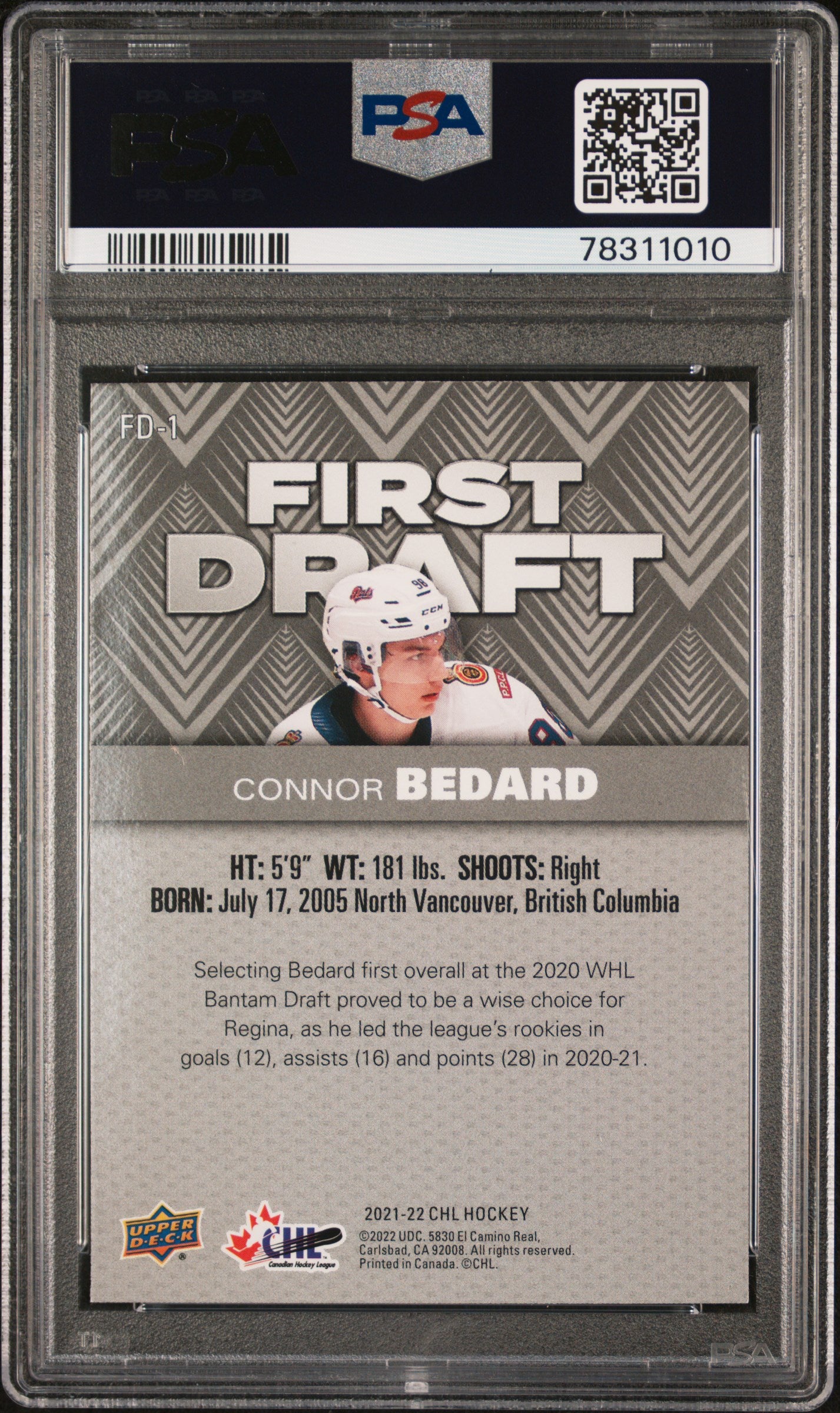 2021 Upper Deck CHL First Draft #FD1 Connor Bedard PSA 10
