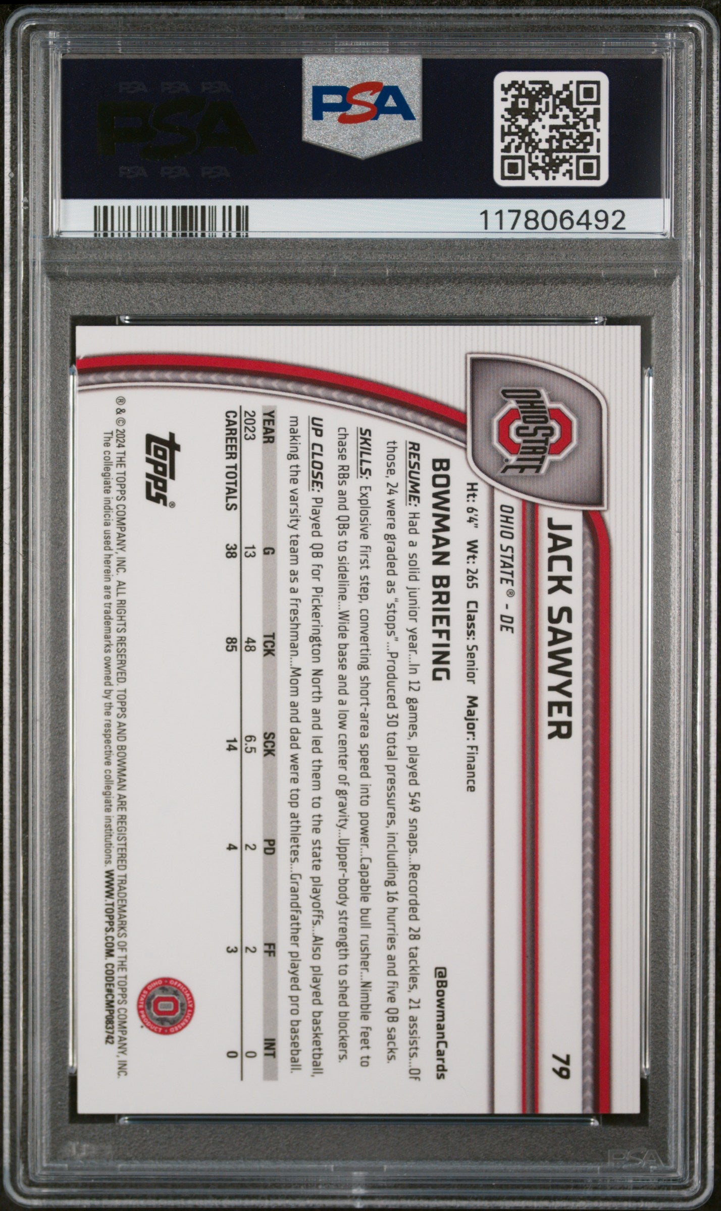 2024 Bowman University Chrome #79 Jack Sawyer Yellow Refractor PSA 9