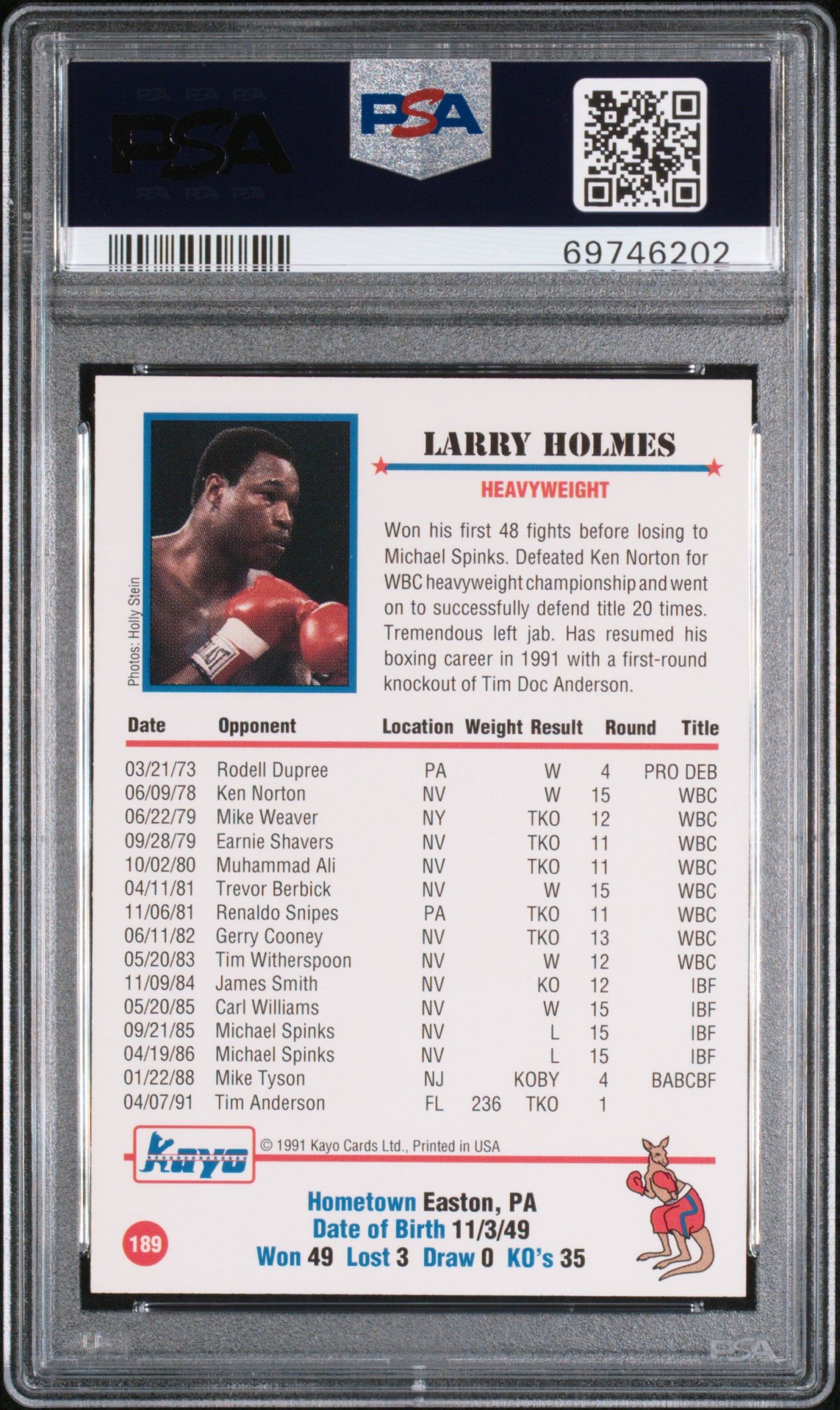 1991 Kayo #189 Larry Holmes PSA 9