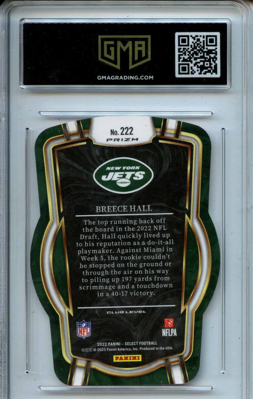 2022 Panini Select #222 Breece Hall Club Level Red and Blue Prizm RC Die Cut GMA 10