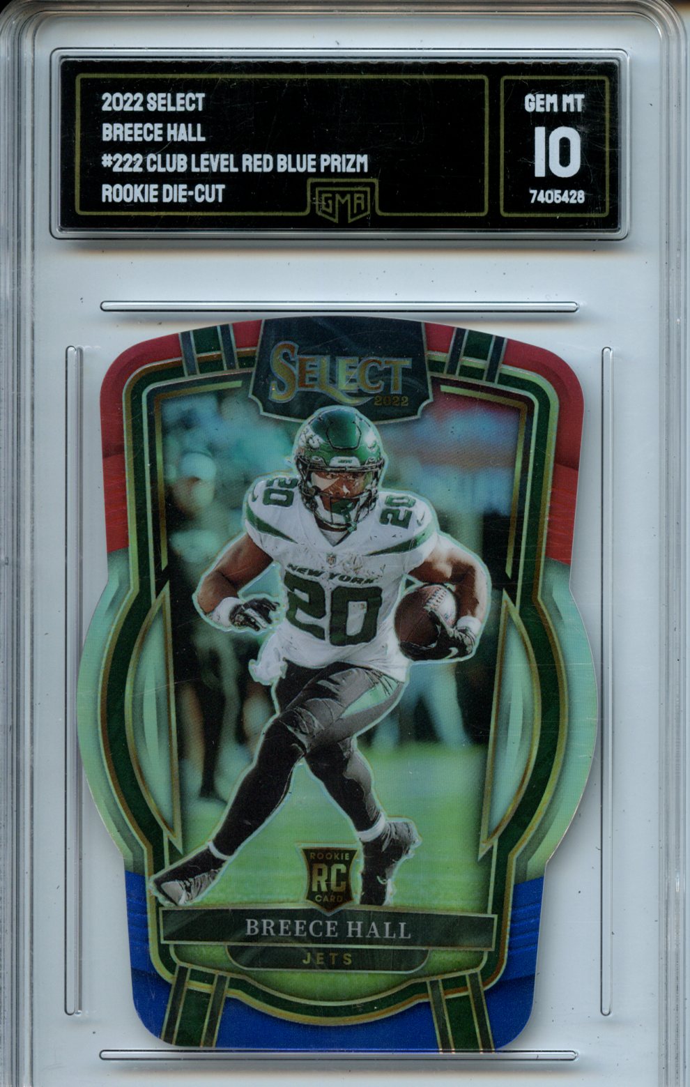 2022 Panini Select #222 Breece Hall Club Level Red and Blue Prizm RC Die Cut GMA 10