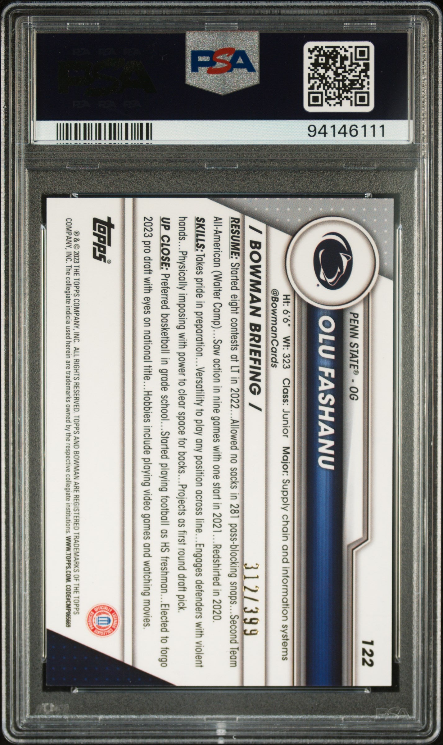 2023 Bowman University Chrome #122 Olu Fashanu Purple Refractor PSA 10