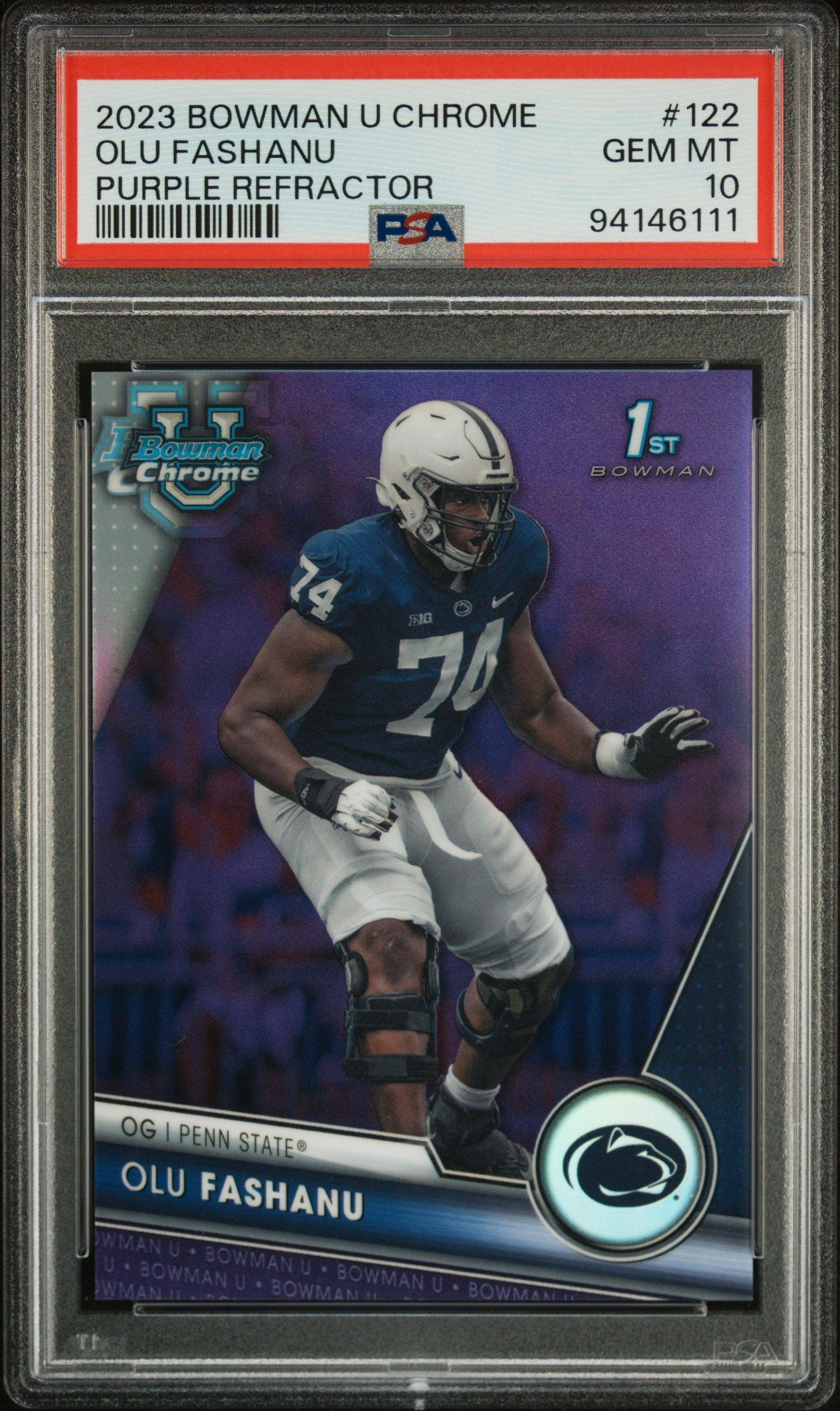2023 Bowman University Chrome #122 Olu Fashanu Purple Refractor PSA 10