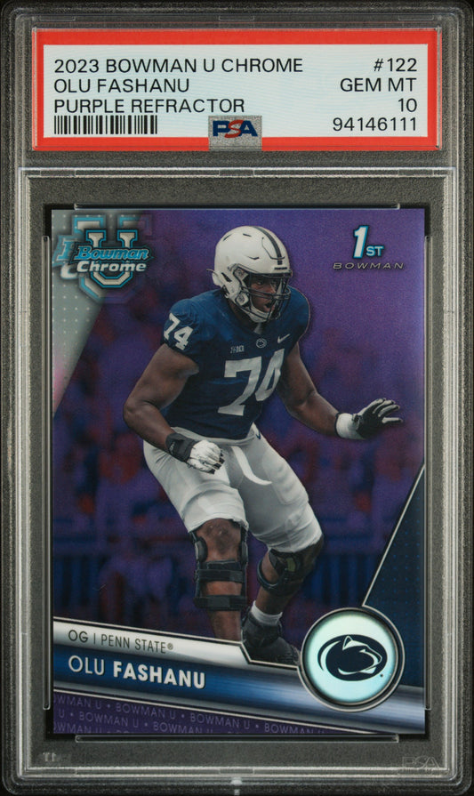 2023 Bowman University Chrome #122 Olu Fashanu Purple Refractor PSA 10