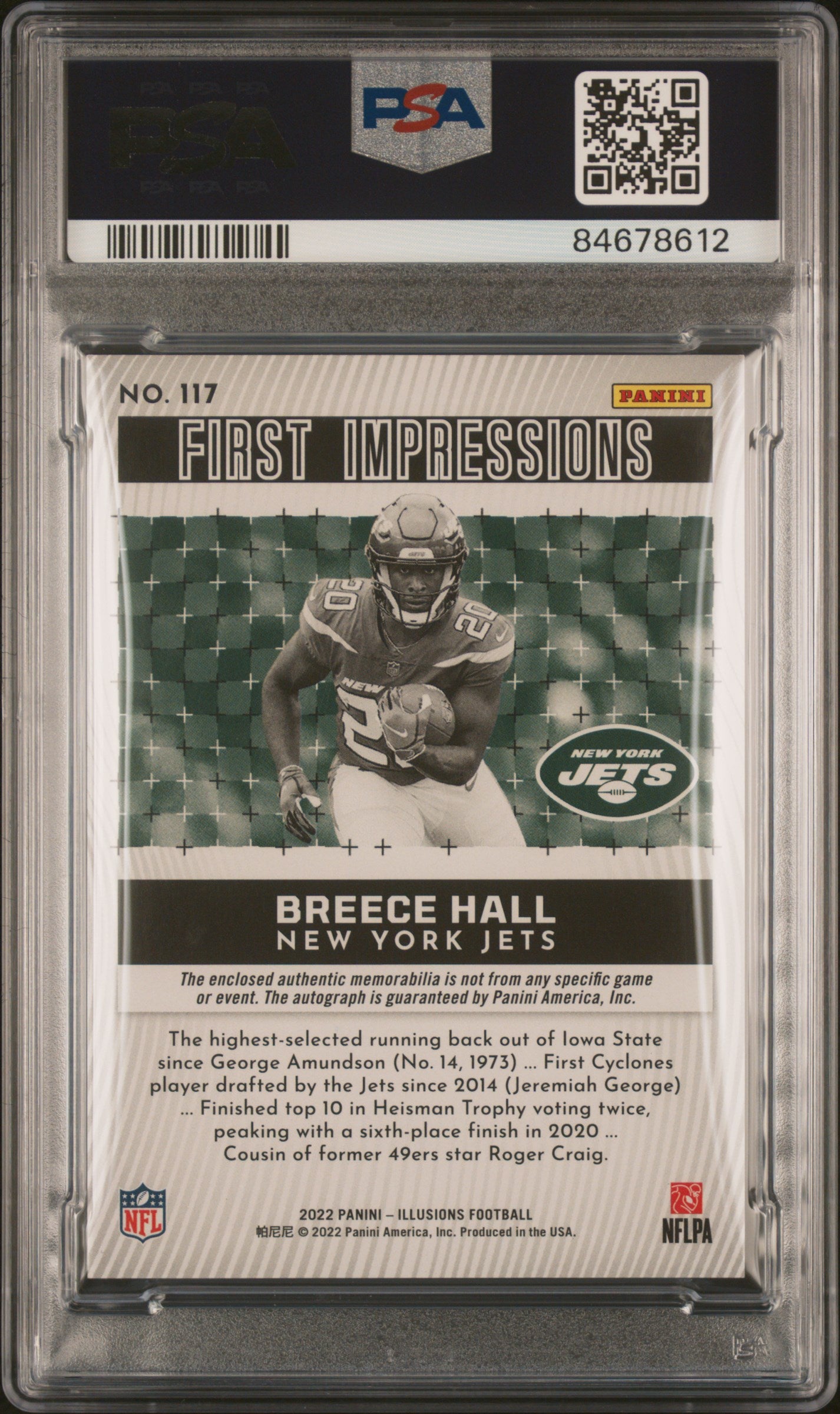 2022 Panini Illusions #117 Breece Hall Autograph Mem-Black RP PSA 9-10