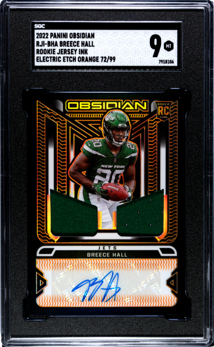 2022 Panini Obsidian #RJI-BHA Breece Hall Rookie Jersey Ink Electric Etch Orange RP SGC 9