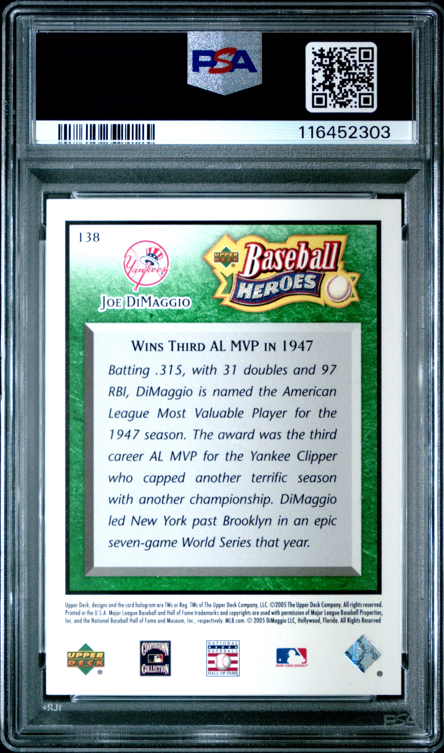 2005 Upper Deck Baseball Heroes #138 Joe Dimaggio Emerald PSA 10