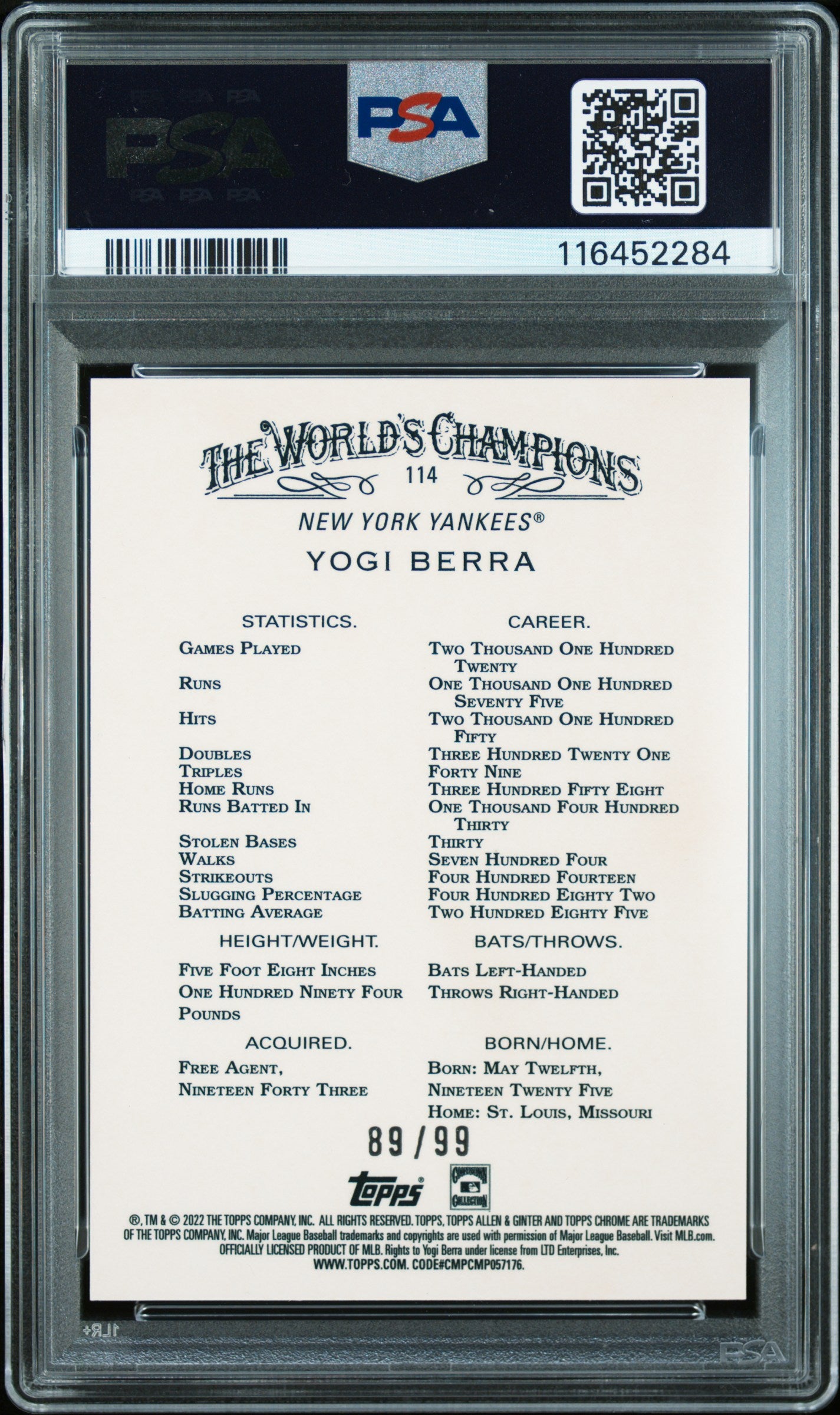 2022 Topps Allen & Ginter Chrome #114 Yogi Berra Green Refractor PSA 9