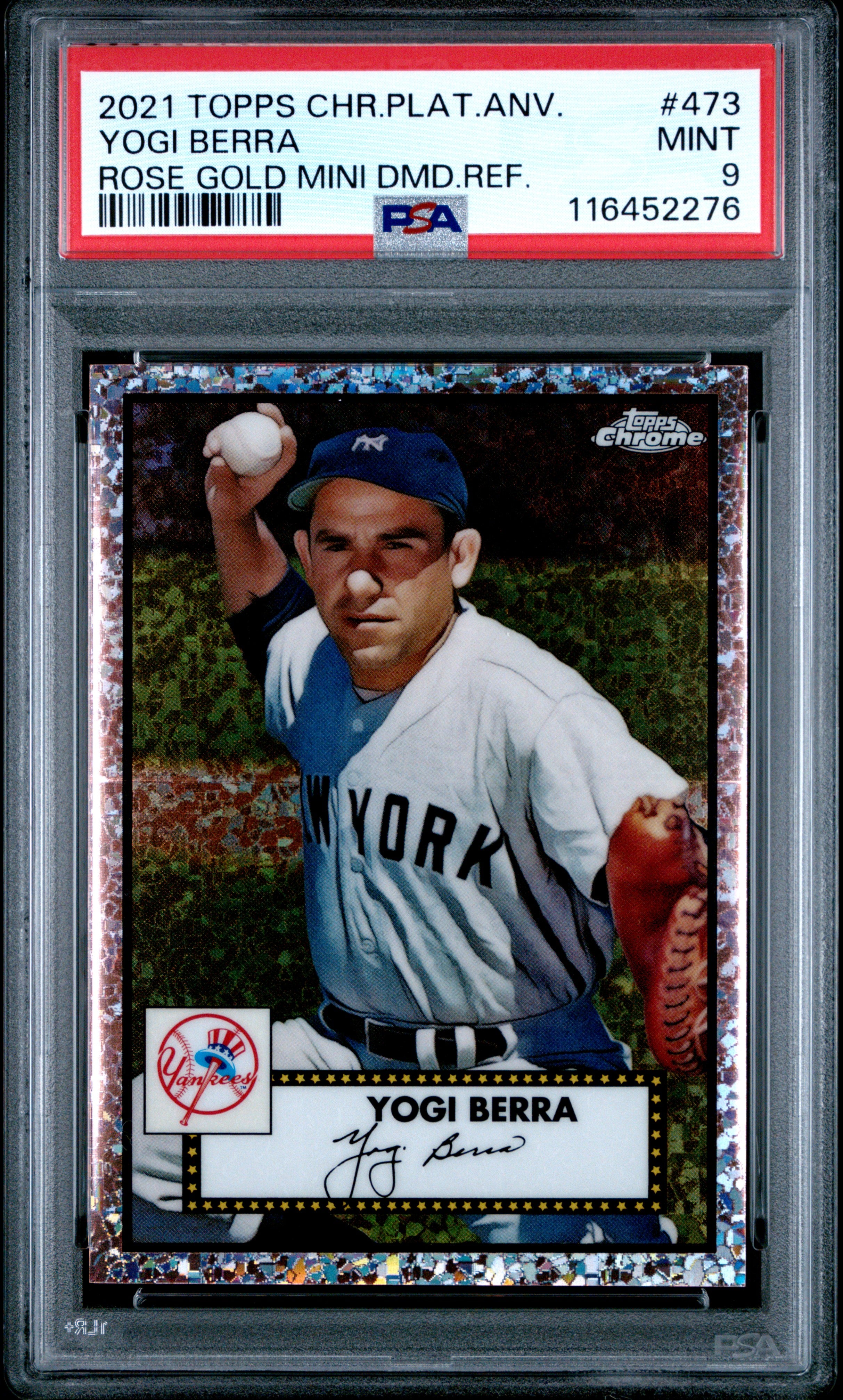 2021 Topps Chrome Platinum Anniversary #473 Yogi Berra Rose Gold Mini Dmd.Ref. PSA 9