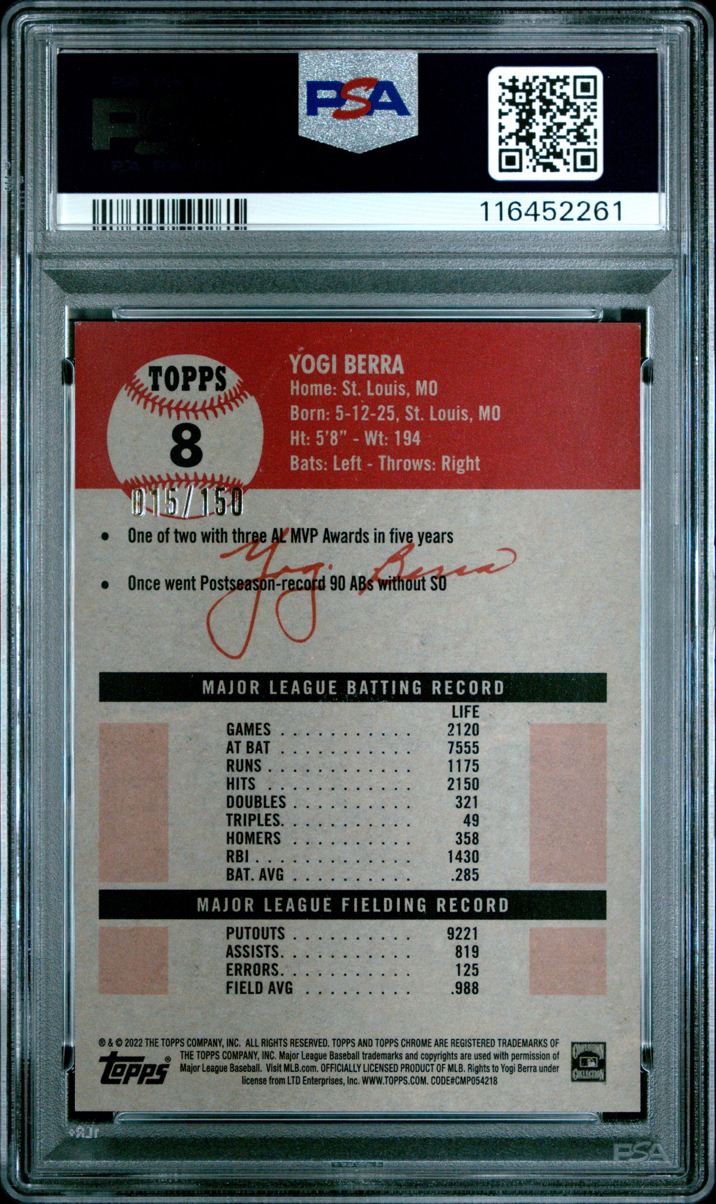 2022 Topps Chrome Platinum Anniversary #8 Yogi Berra Speckle Refractor PSA 9