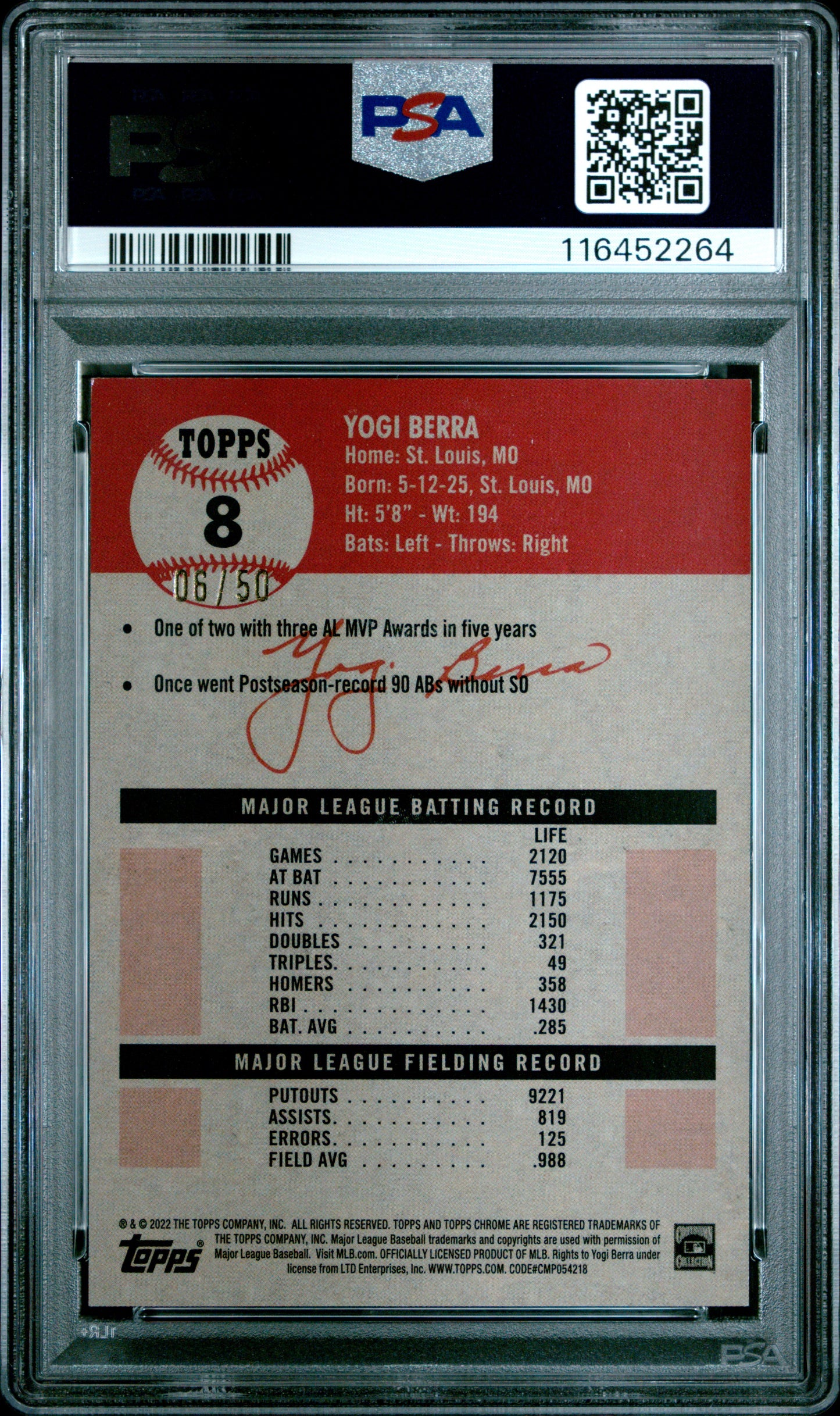 2022 Topps Chrome Platinum Anniversary #8 Yogi Berra Gold Wave Refractor PSA 9