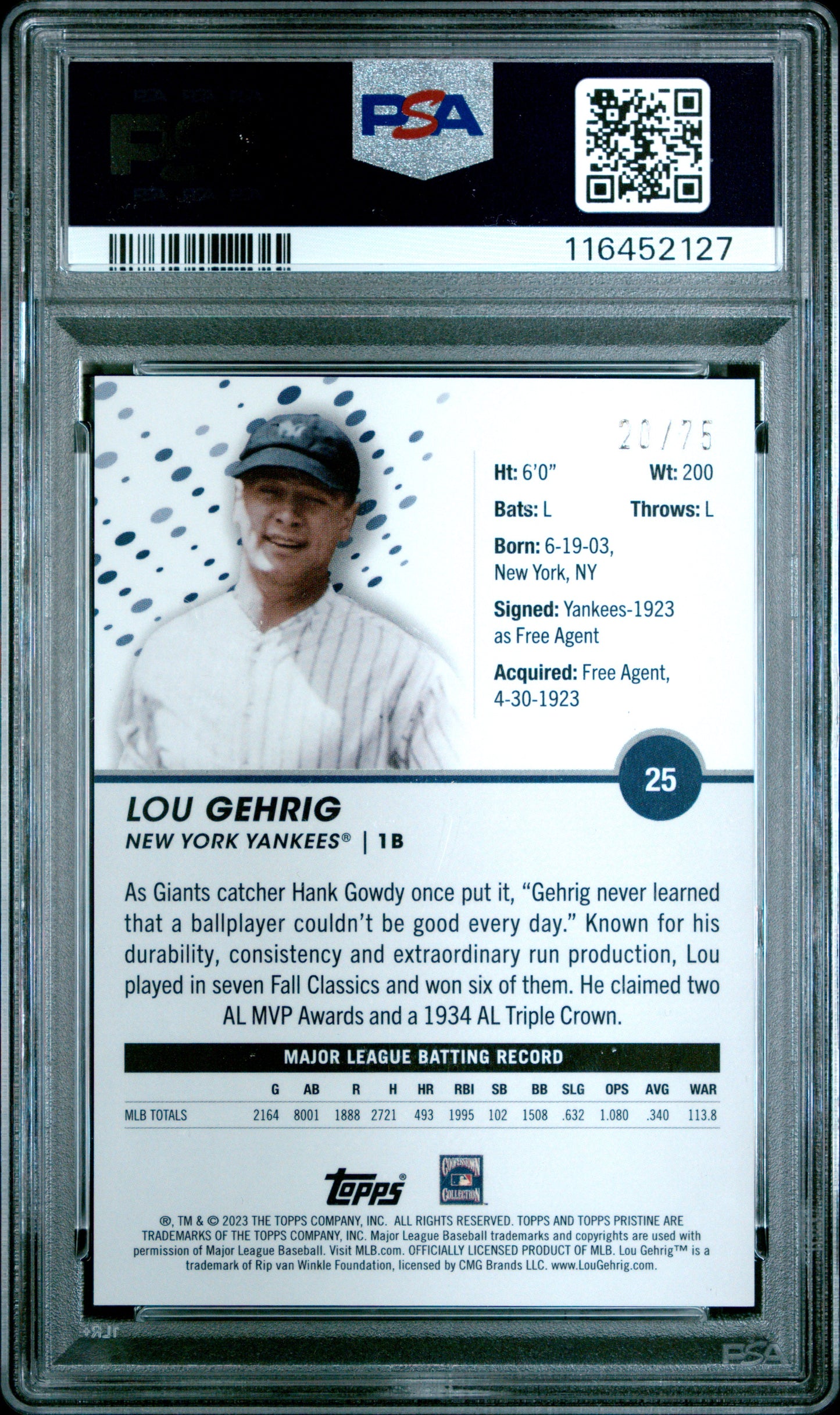 2023 Topps Pristine #25 Lou Gehrig Pristine Blue PSA 10