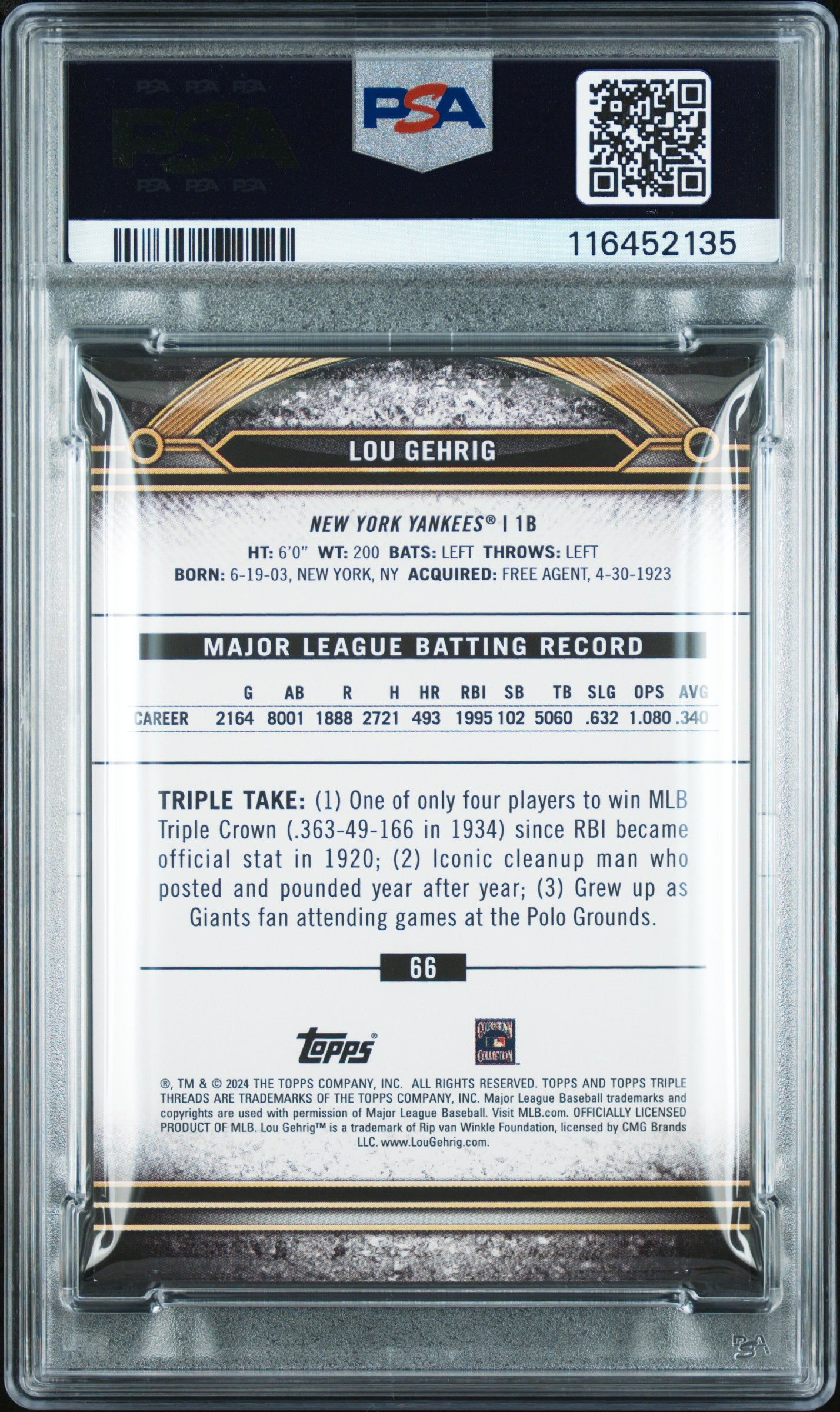 (1)2024 Topps Triple Threads #66 Lou Gehrig Gold PSA 8