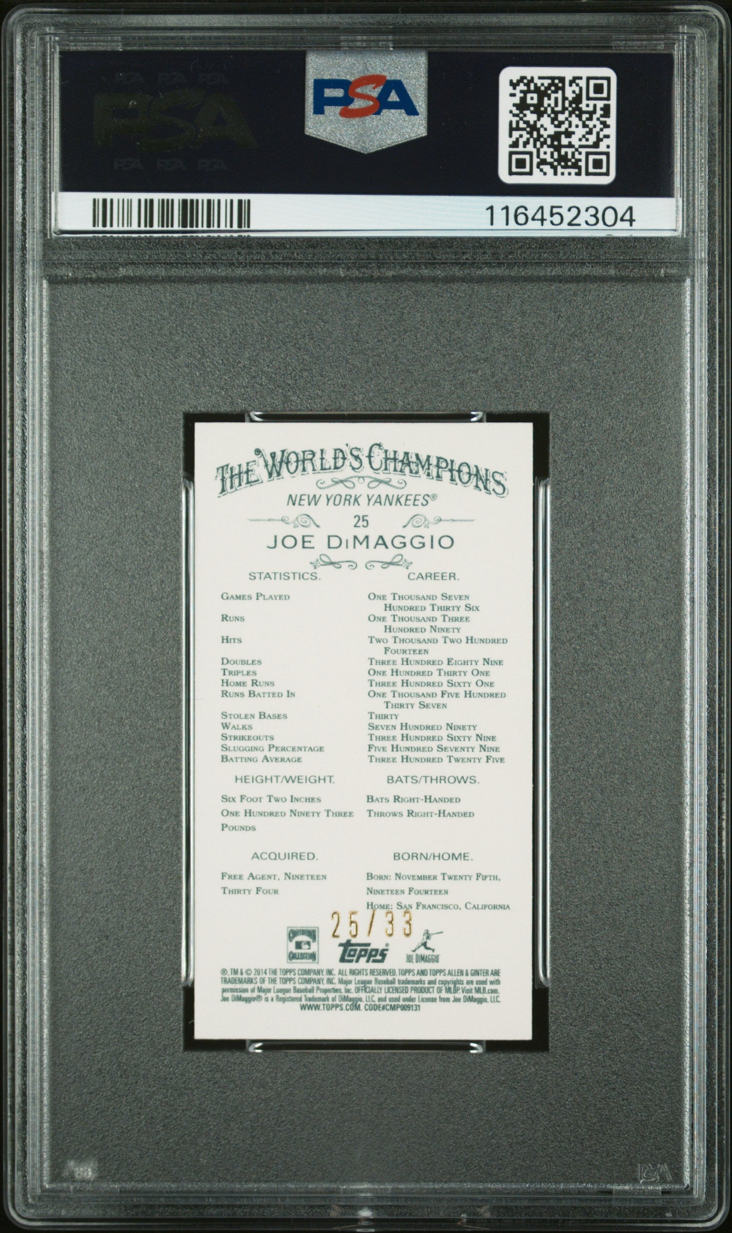 2014 Topps Allen & Ginter #25 Joe Dimaggio Mini-Red Border PSA 9