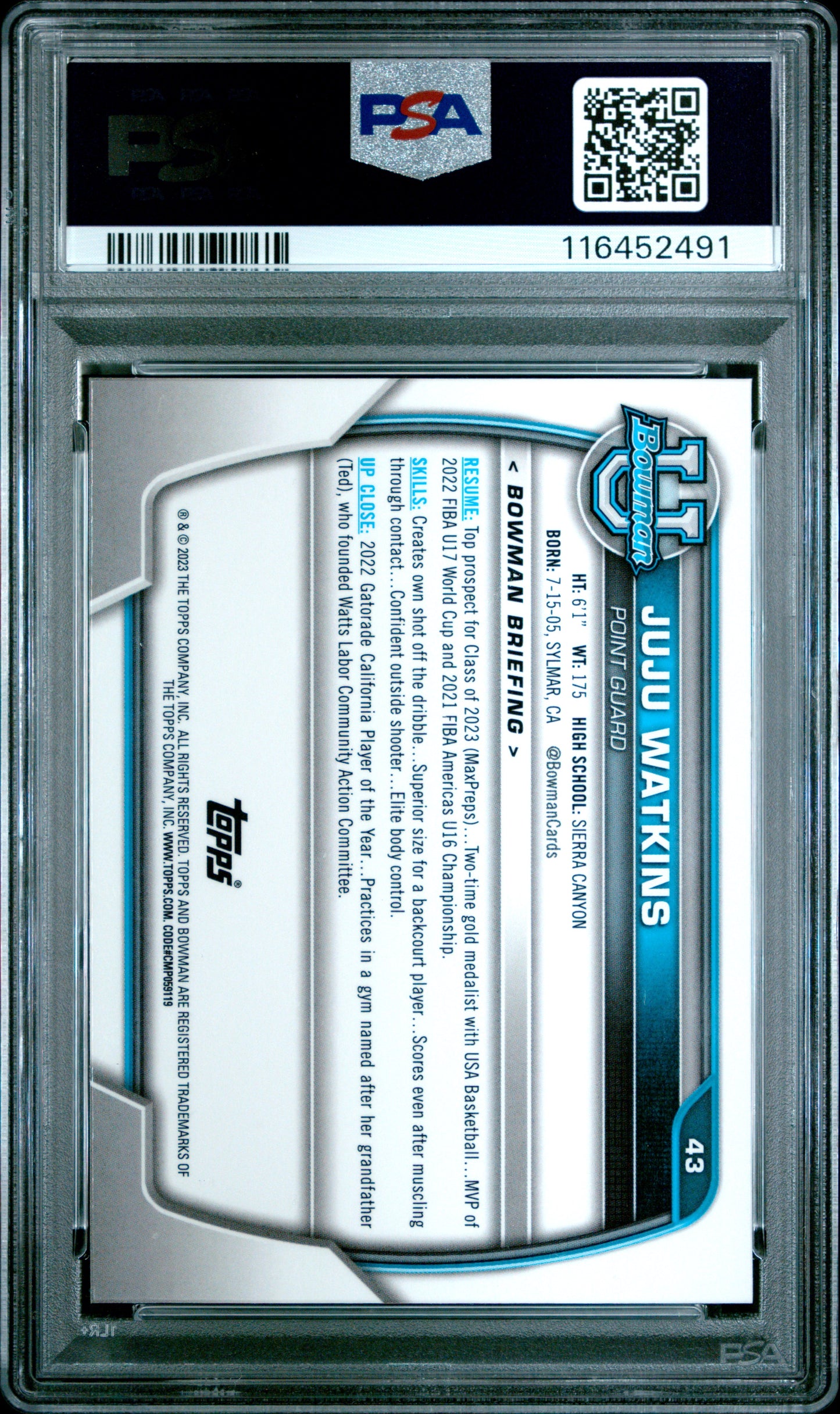 2022 Bowman Chrome University #43 Juju Watkins Pink Refractor PSA 9