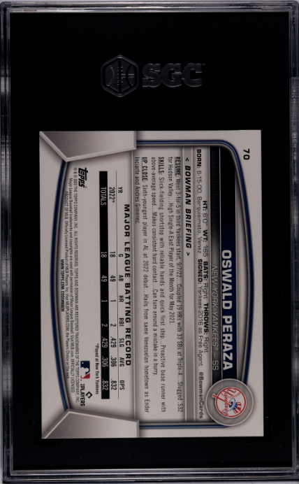 2023 Bowman #70 Oswald Peraza SGC RC 8.5