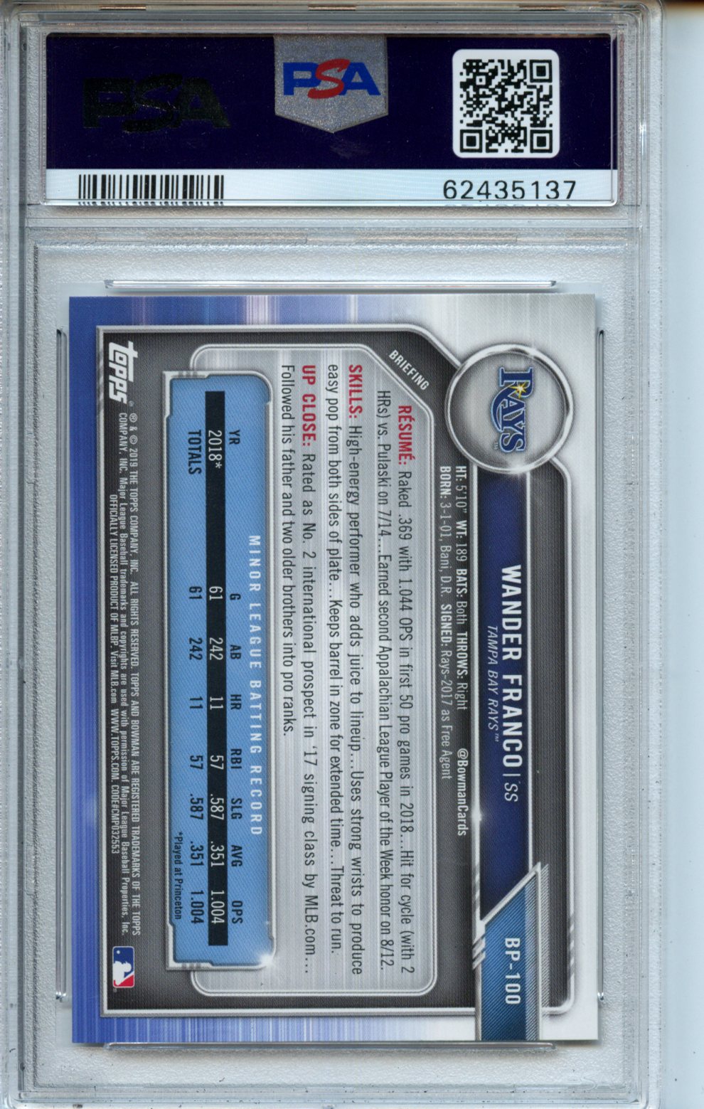 2019 Bowman Paper Prospects #BP100 Wander Franco Paper Prospects PSA 10