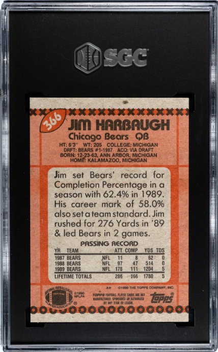1990 Topps #366 Jim Harbaugh Disclaimer Back SGC 7