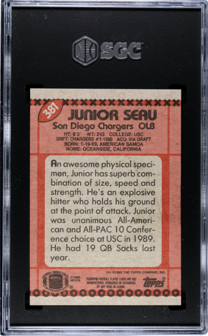 1990 Topps #381 Junior Seau Disclaimer Back SGC 7