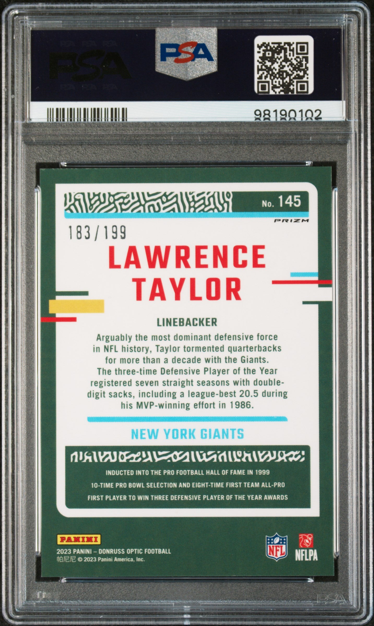 2023 Panini Donruss Optic #145 Lawrence Taylor Blue PSA 9