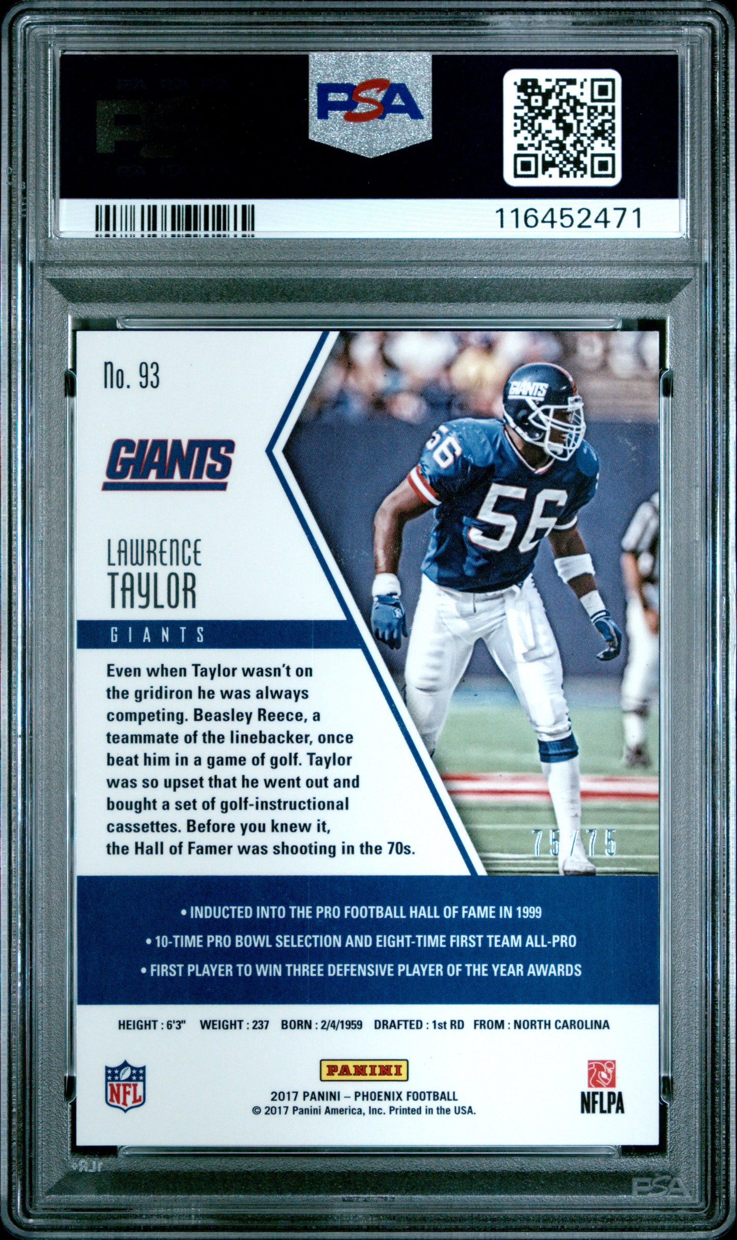 2017 Panini Phoenix #93 Lawrence Taylor Yellow PSA 9