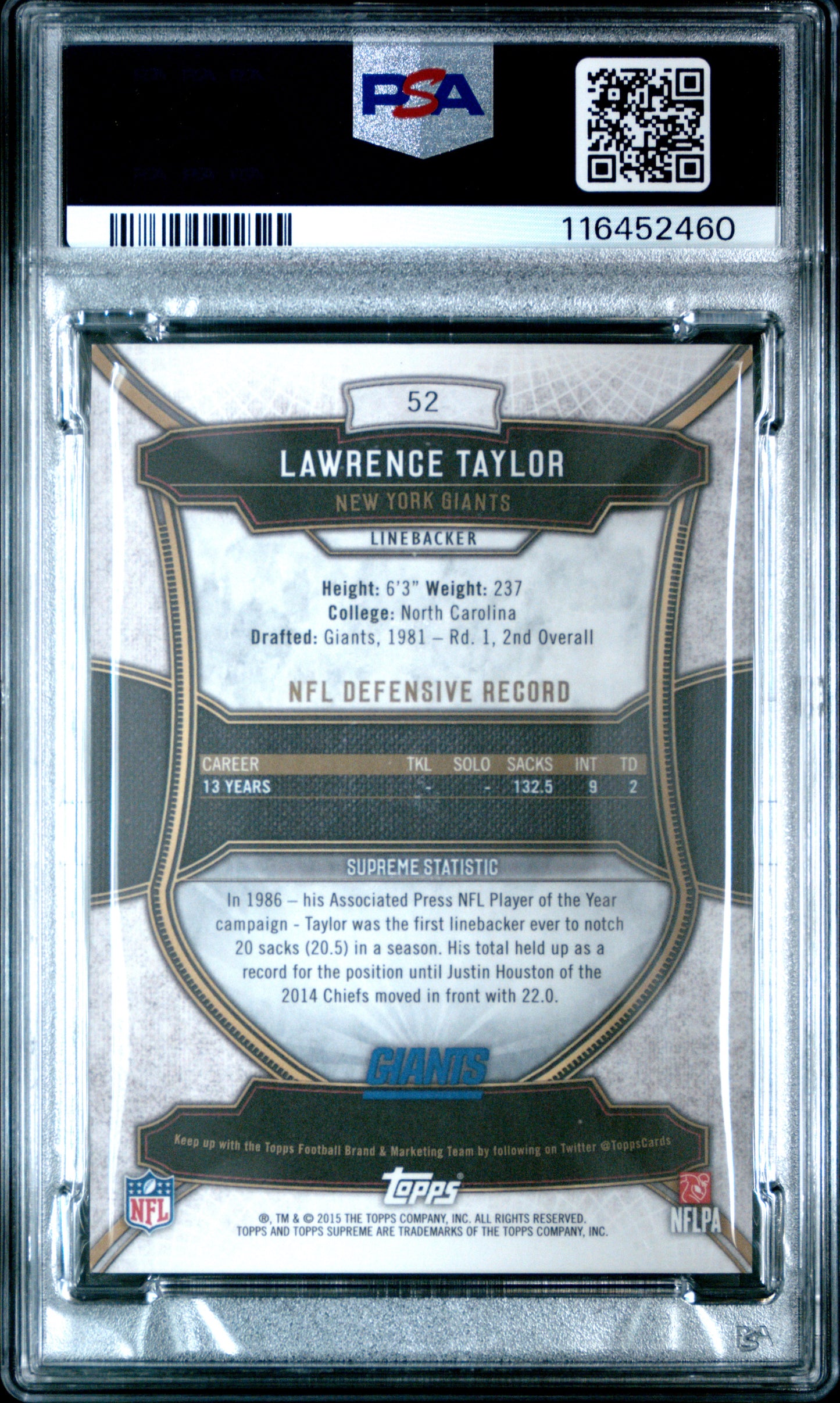 2015 Topps Supreme #52 Lawrence Taylor Green PSA 9