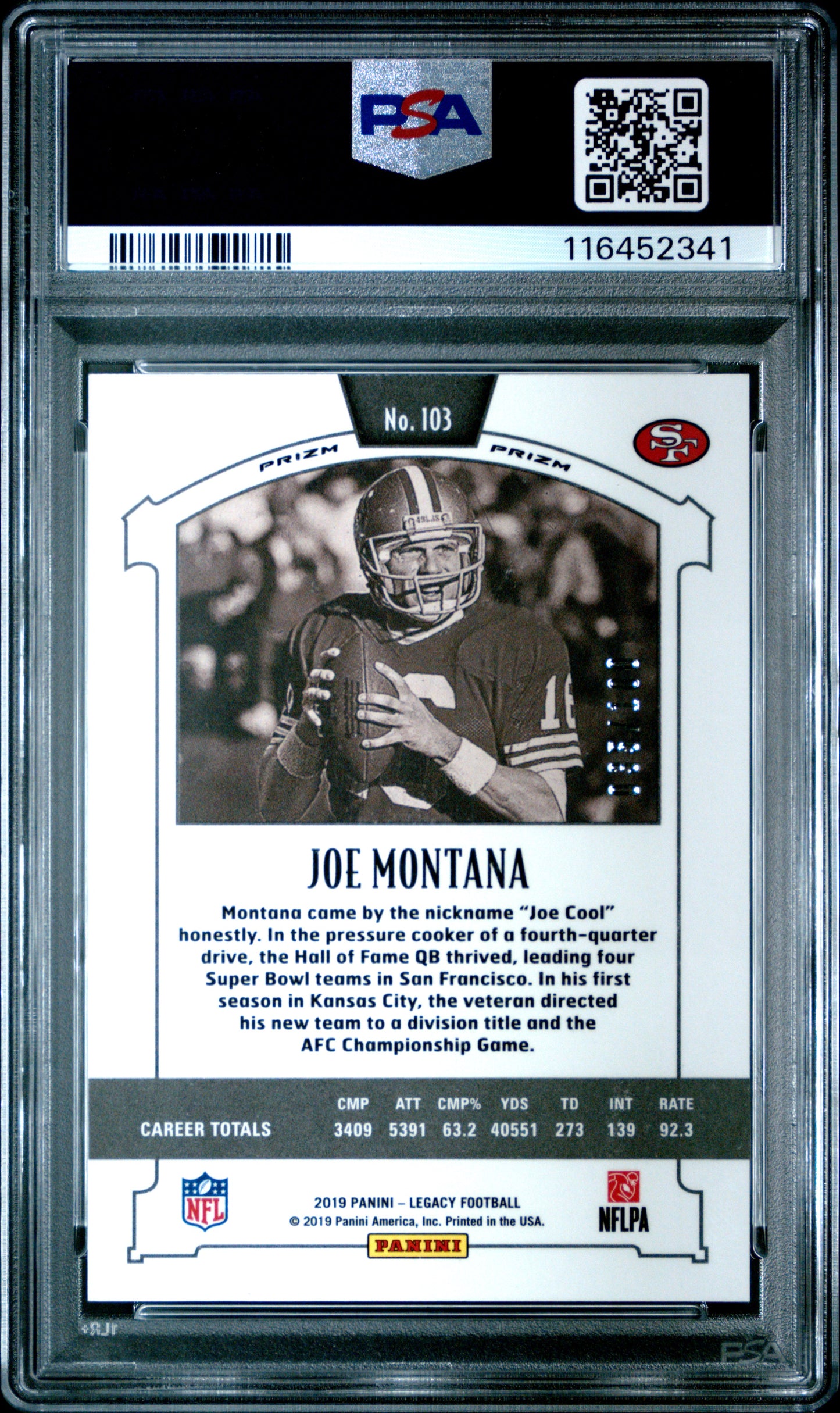 2019 Panini Legacy #103 Joe Montana Premium Edition-Ruby PSA 9