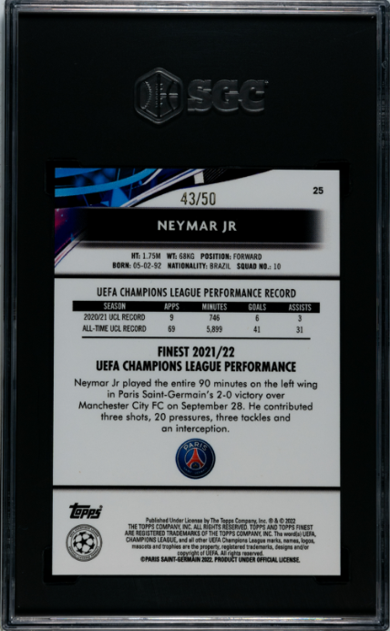 2021-22 Topps Finest UCL #25 Neymar Jr. Gold Speckle Refractor SGC 10