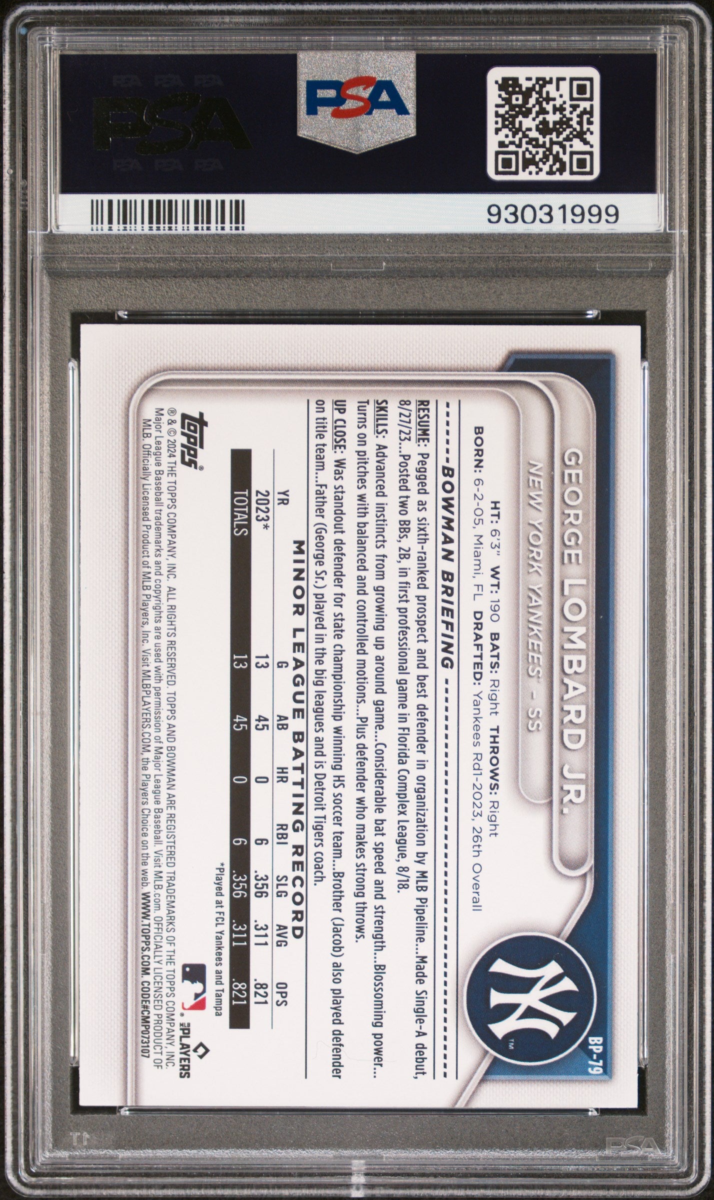 2024 Bowman Paper Prospects #BP79 George Lombard Jr. Sky Blue PSA 9