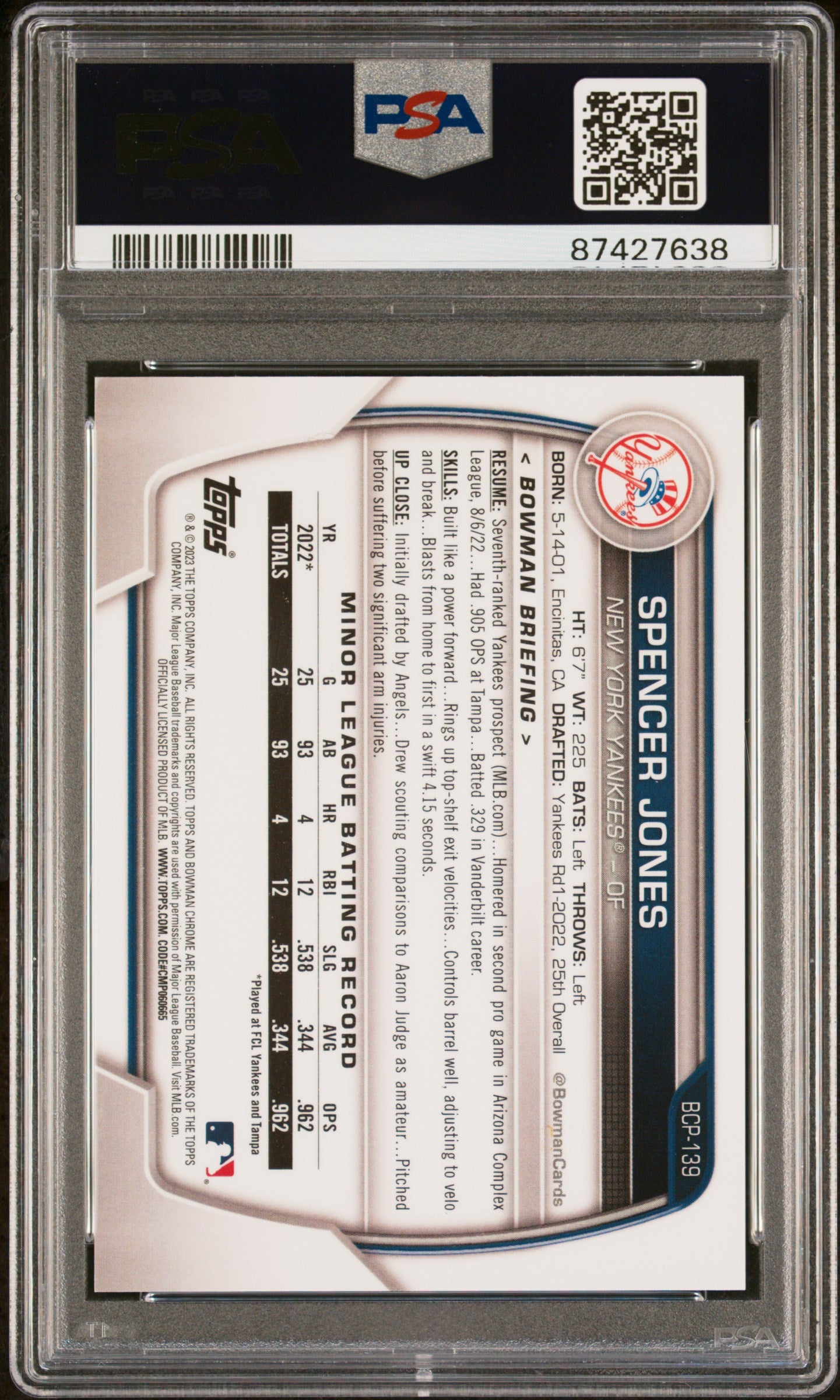 2023 Bowman Chrome Prospects #BCP139 Spencer Jones Chrome Blue Refractor PSA 9