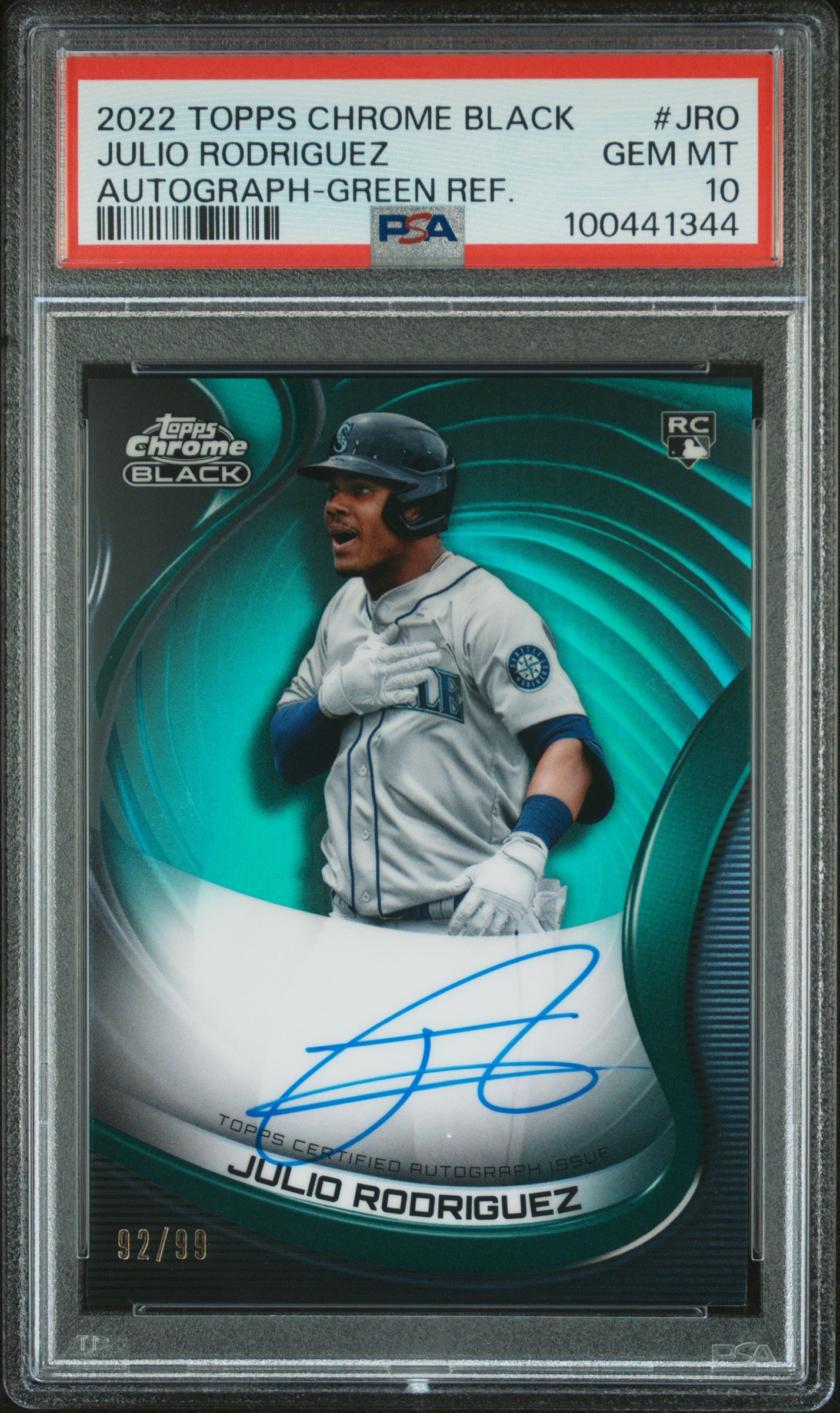 2022 Topps Chrome Black #JRO Julio Rodriguez Green Refractor RCA PSA 10