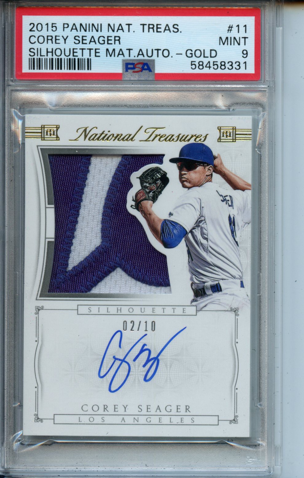 2015 Panini National Treasures Material Autographs #11 Corey Seager Silhouette Gold PSA 9