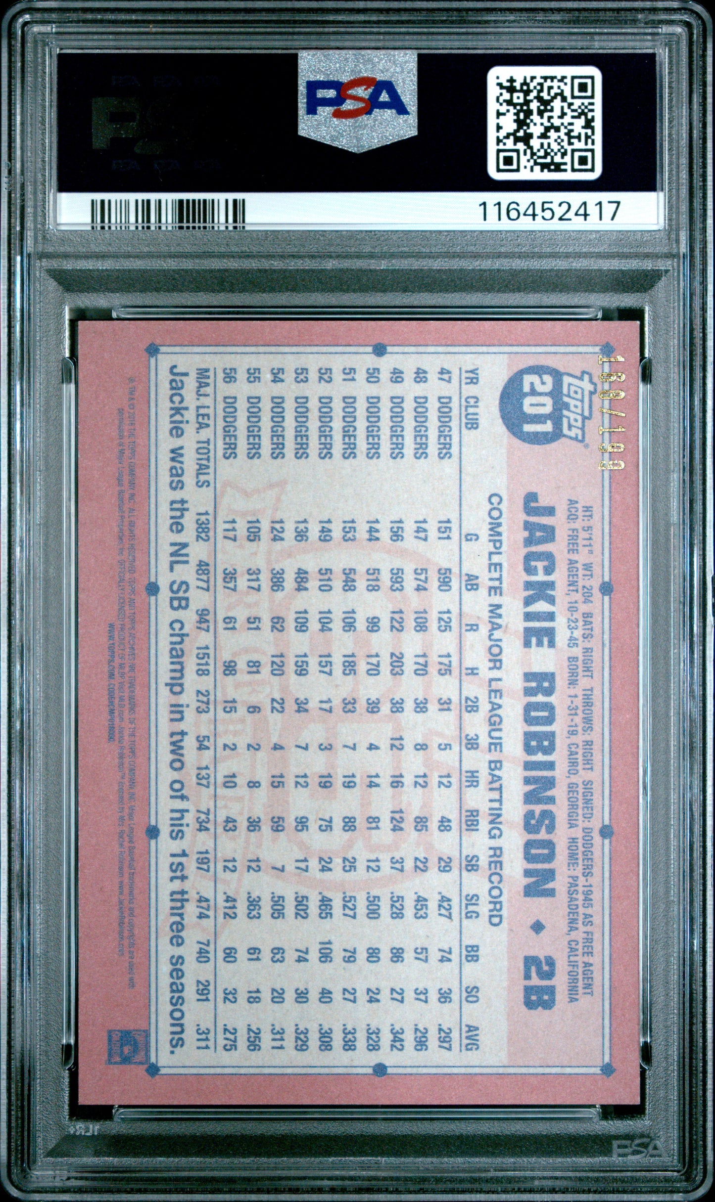 2016 Topps Archives #201 Jackie Robinson Blue Border PSA 9