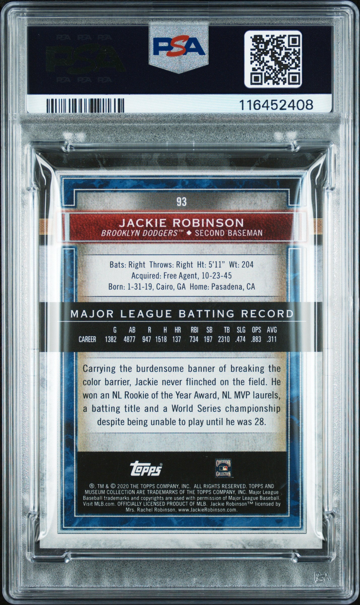 2021 Topps Museum Collection #93 Jackie Robinson Sapphire PSA 8