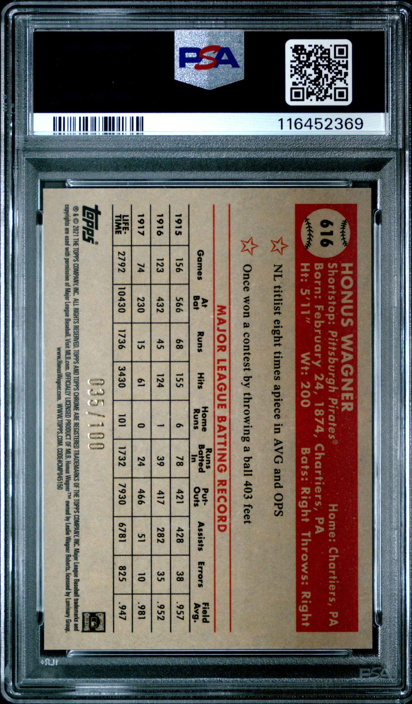 2021 Topps Chrome Platinum Anniversary #616 Honus Wagner Red Atomic Refractor PSA 10
