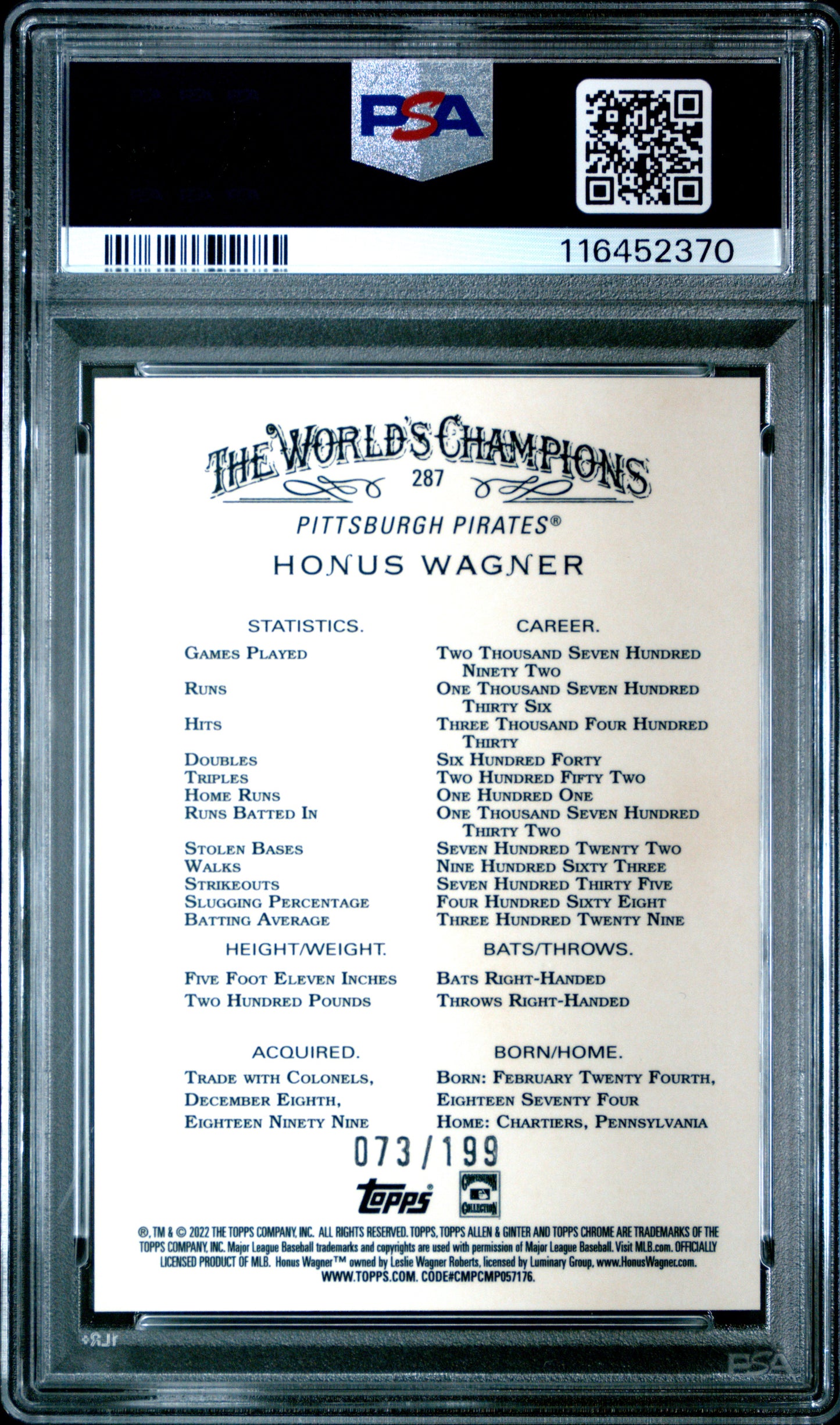 2022 Topps Allen & Ginter Chrome #287 Honus Wagner Magenta Refractor PSA 10