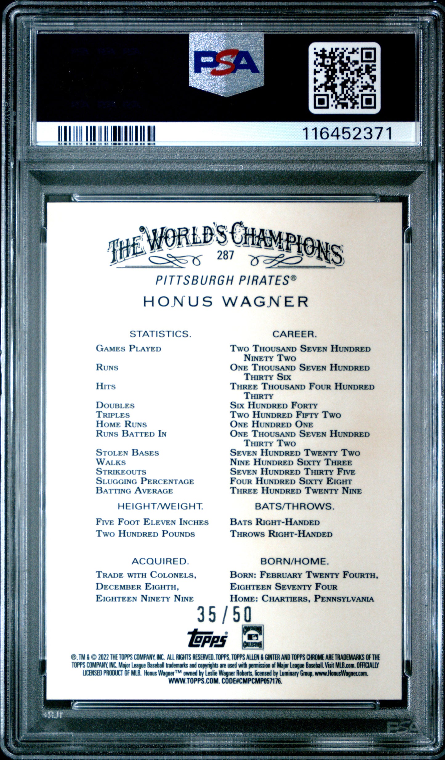 2022 Topps Allen & Ginter Chrome #287 Honus Wagner Gold Refractor PSA 10