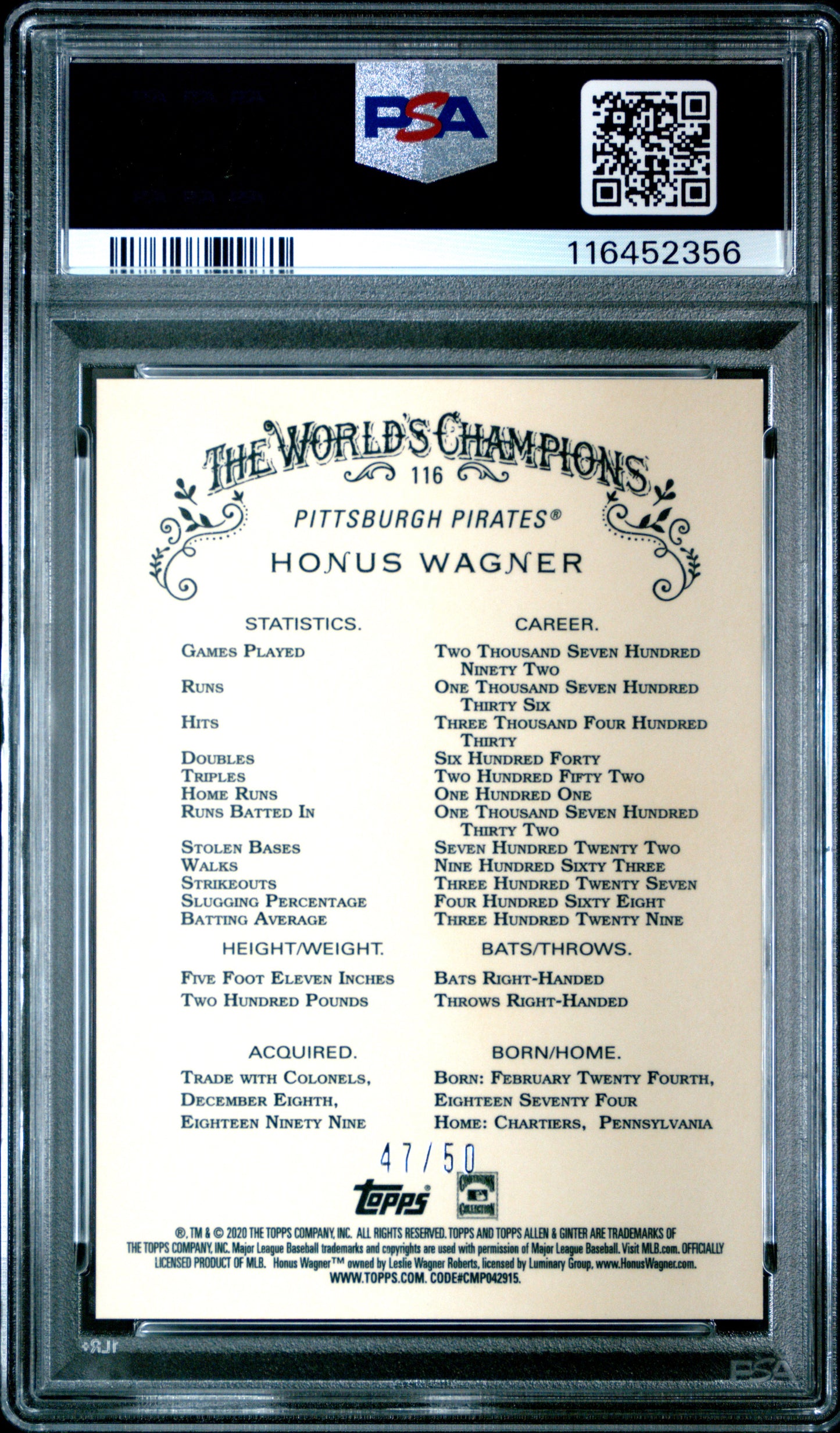 2020 Topps Allen & Ginter Chrome #116 Honus Wagner Gold Refractor PSA 9