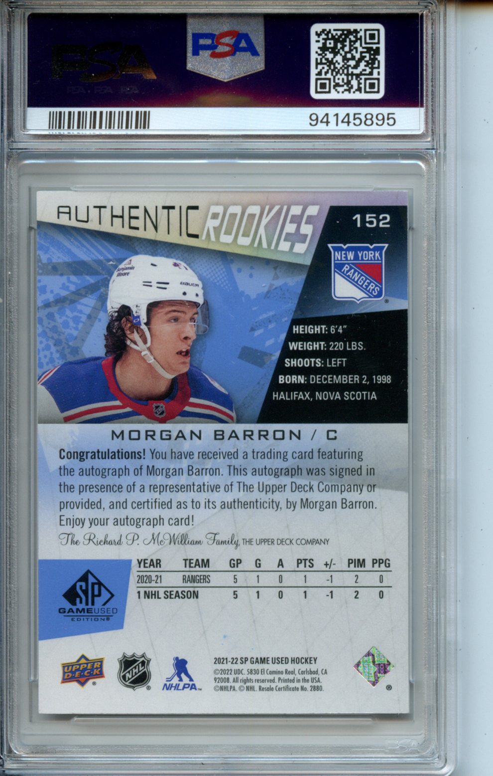 2021 SP Game Used #152 Morgan Barron Blue Authentic Rookies PSA 9-10