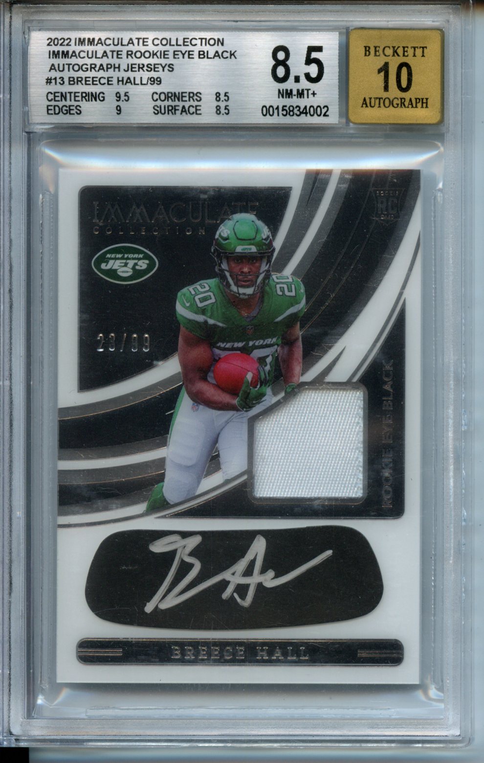 2022 Immaculate Collection Immaculate Rookie Eye Black #13 Breece Hall RP BGS 8.5-10