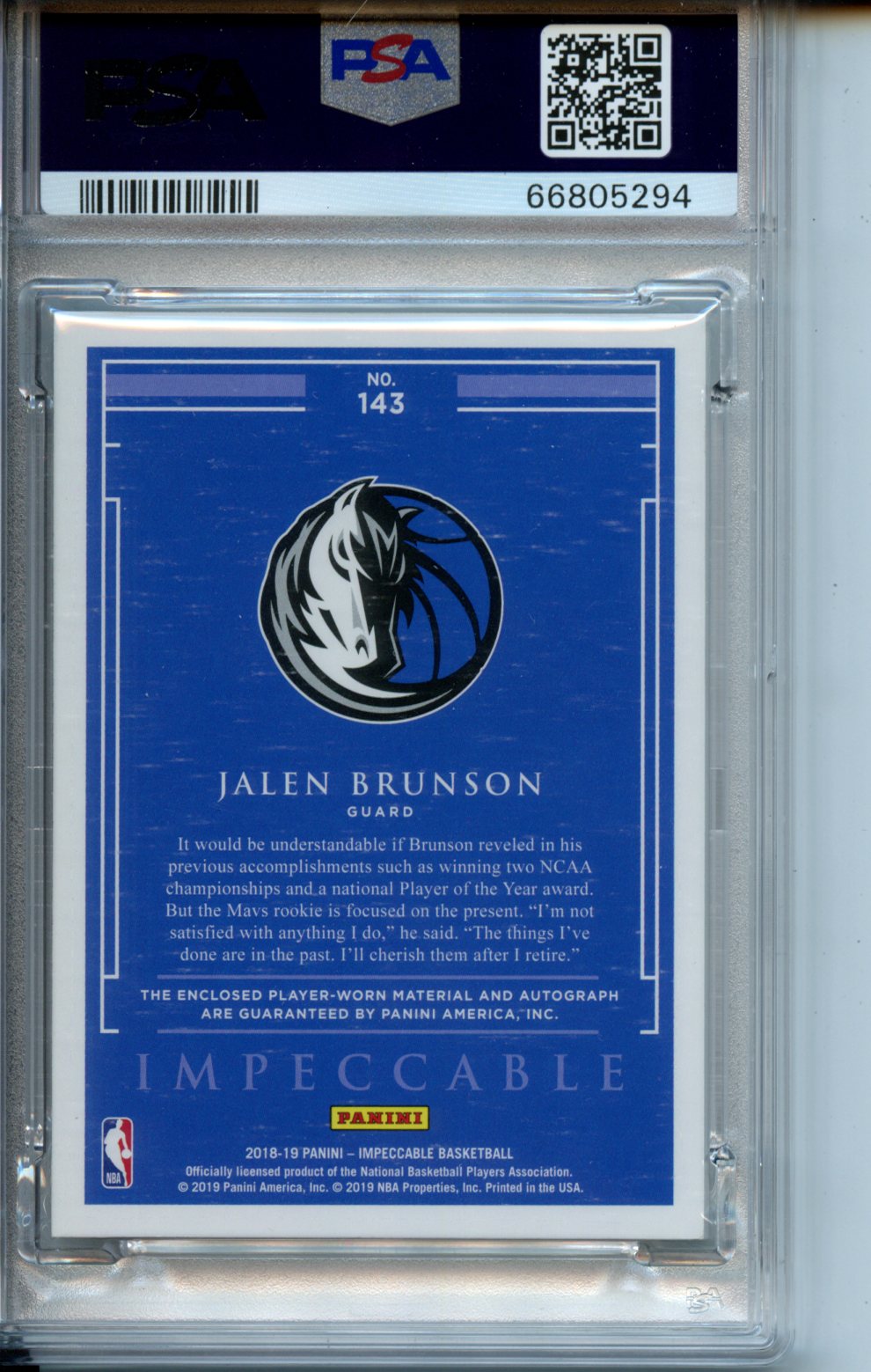 2018 Panini Impeccable #143 Jalen Brunson 24/99 RPA PSA 9-10