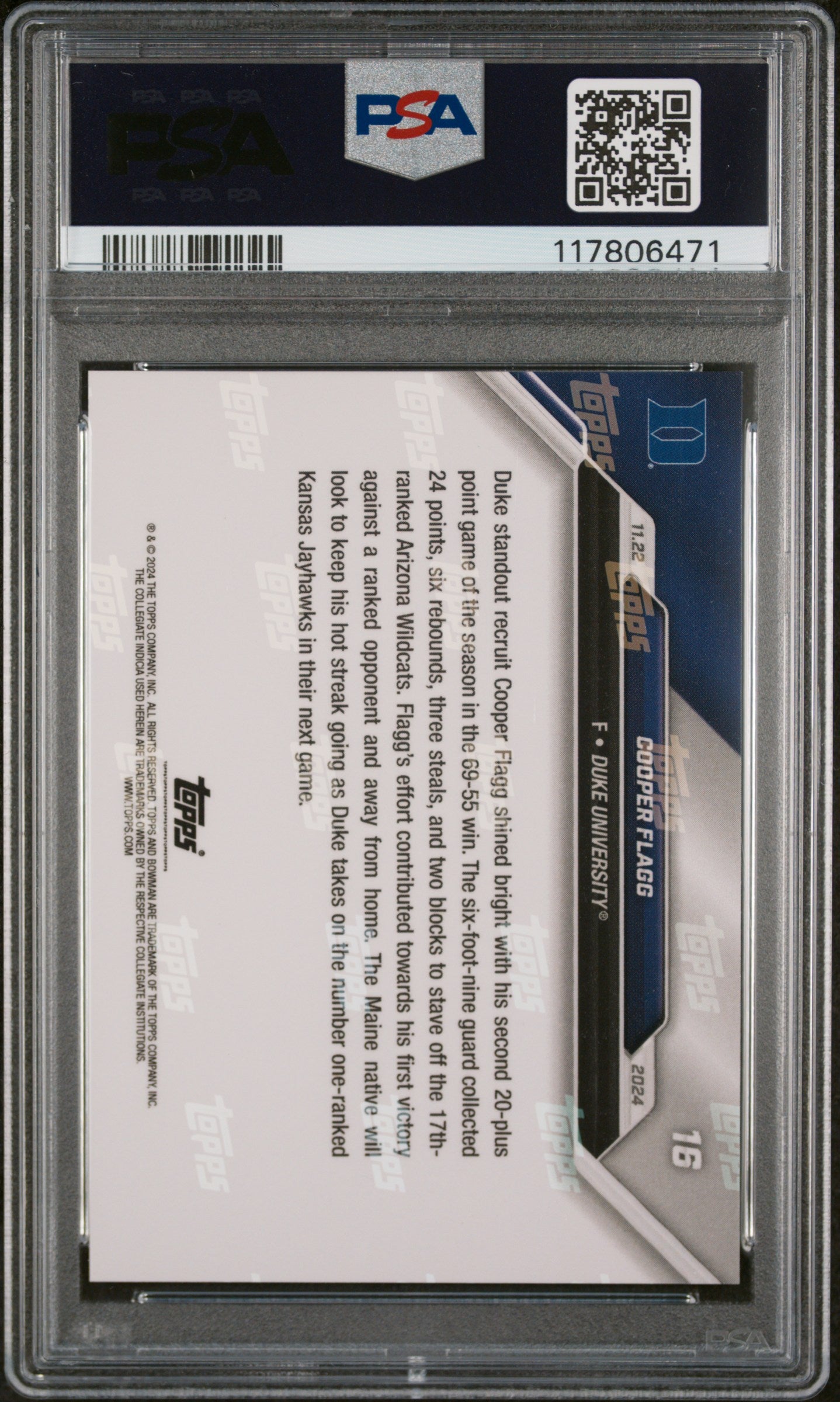 (1)2024-25 Bowman U Now #16 Cooper Flagg PSA 10