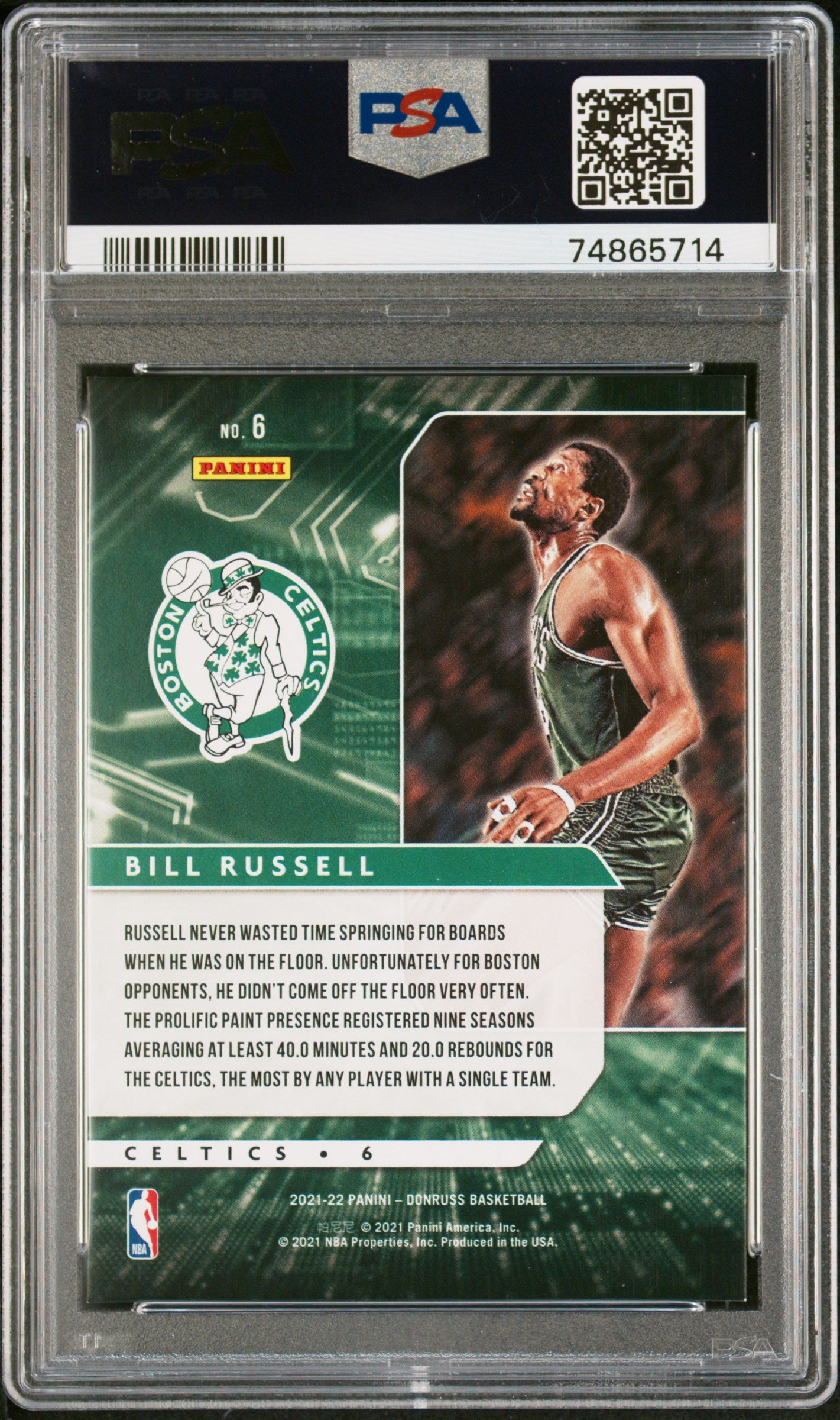 2021 Panini Donruss Power In The Paint #6 Bill Russell 95/99 Holo Red Laser PSA 9