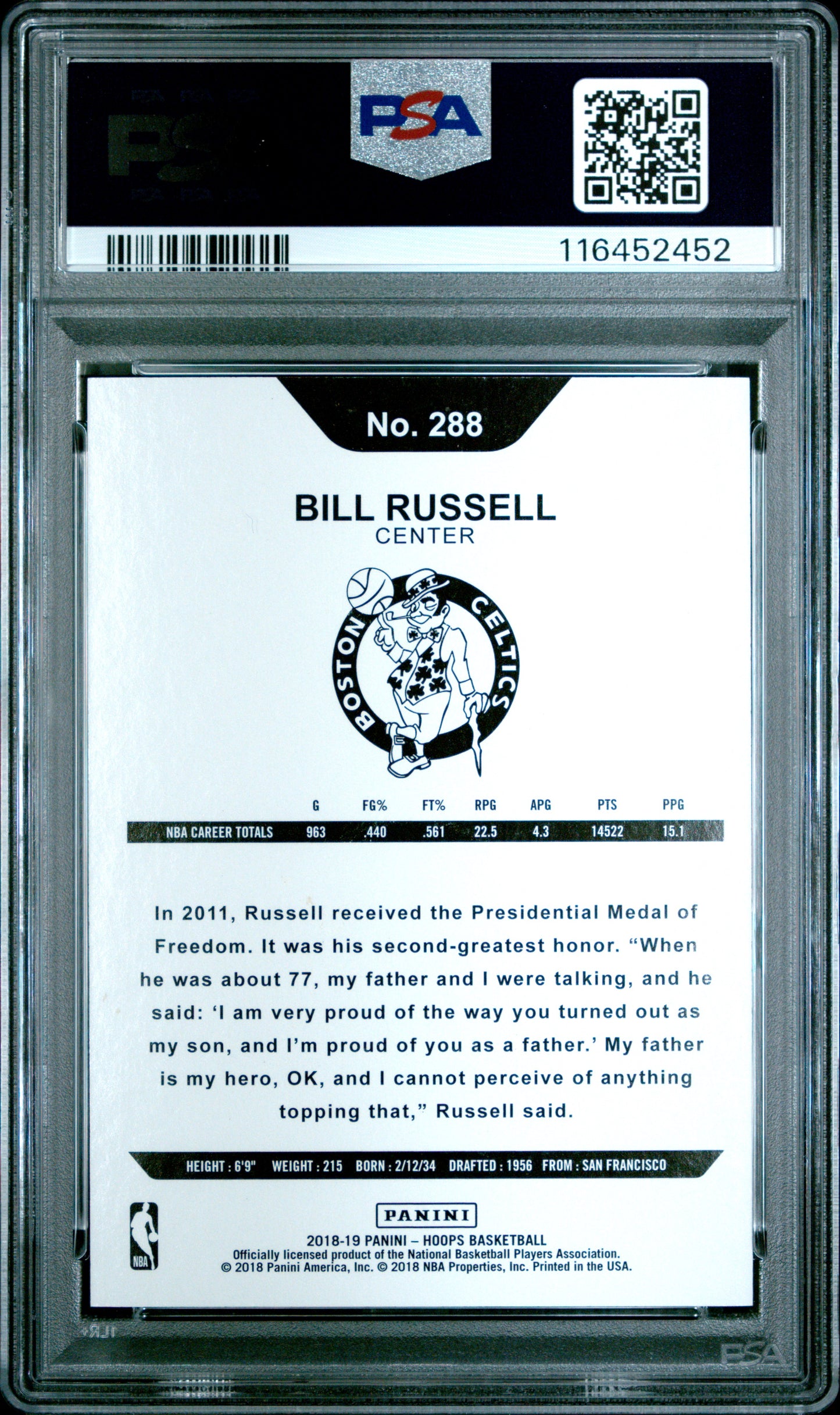 2018 Panini Hoops #288 Bill Russell 25/49 Red PSA 8