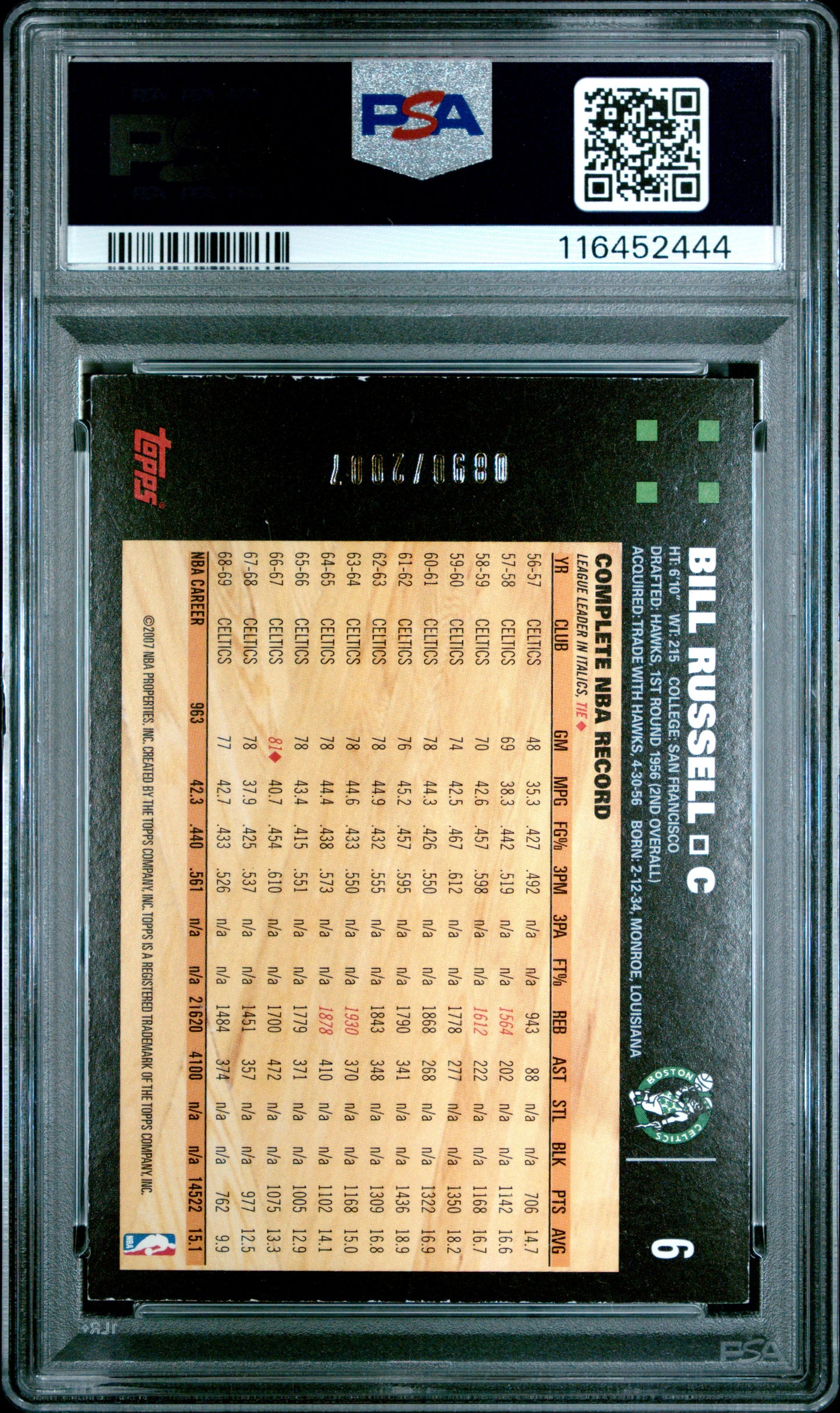 2007 Topps #6 Bill Russell 0890/2007 Gold PSA 6