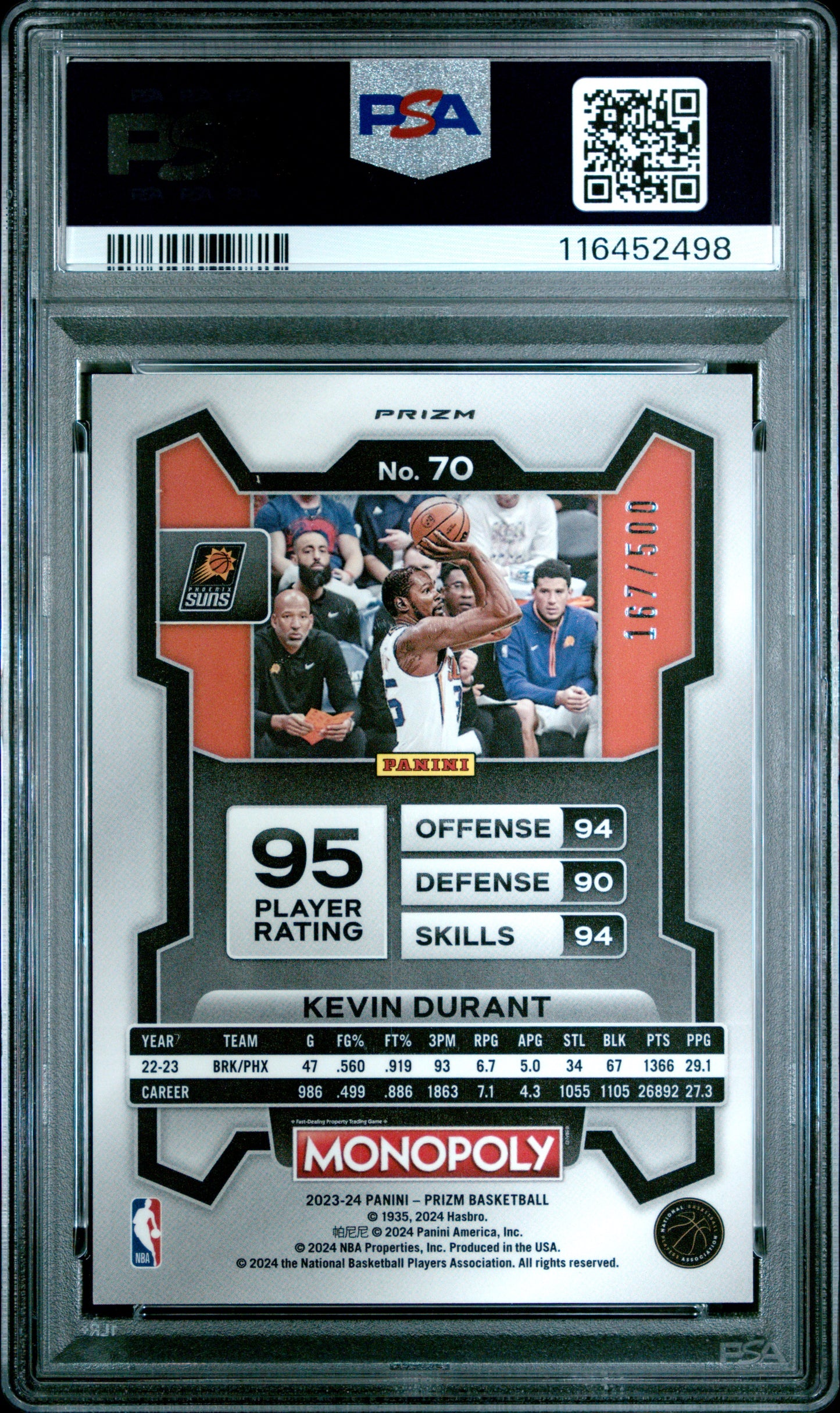 2023 Panini Prizm Monopoly #70 Kevin Durant 167/500 Gold Millionaire Shimmer PSA 10