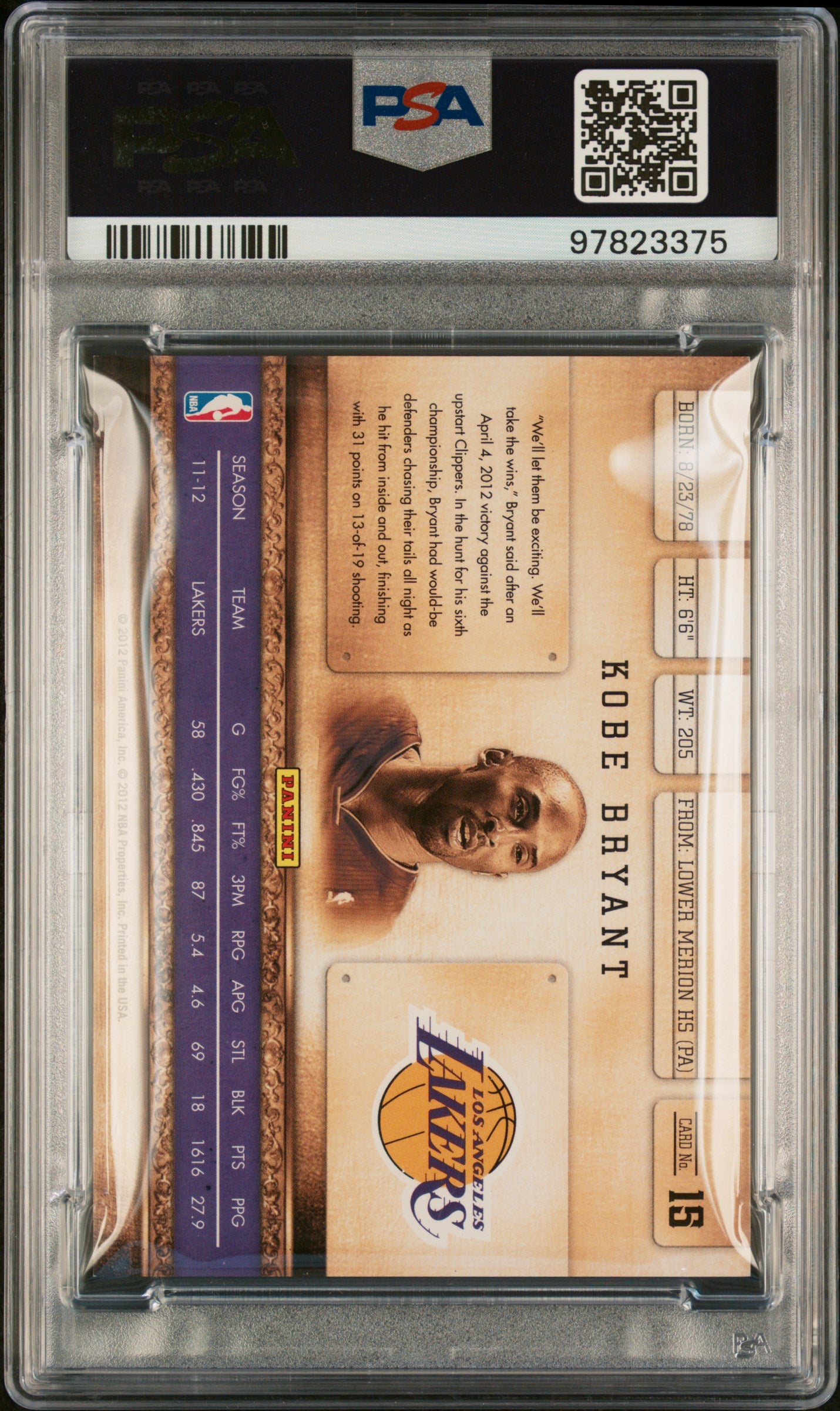2011 Panini Gold Standard #15 Kobe Bryant 040/299 Gold Standard PSA 8